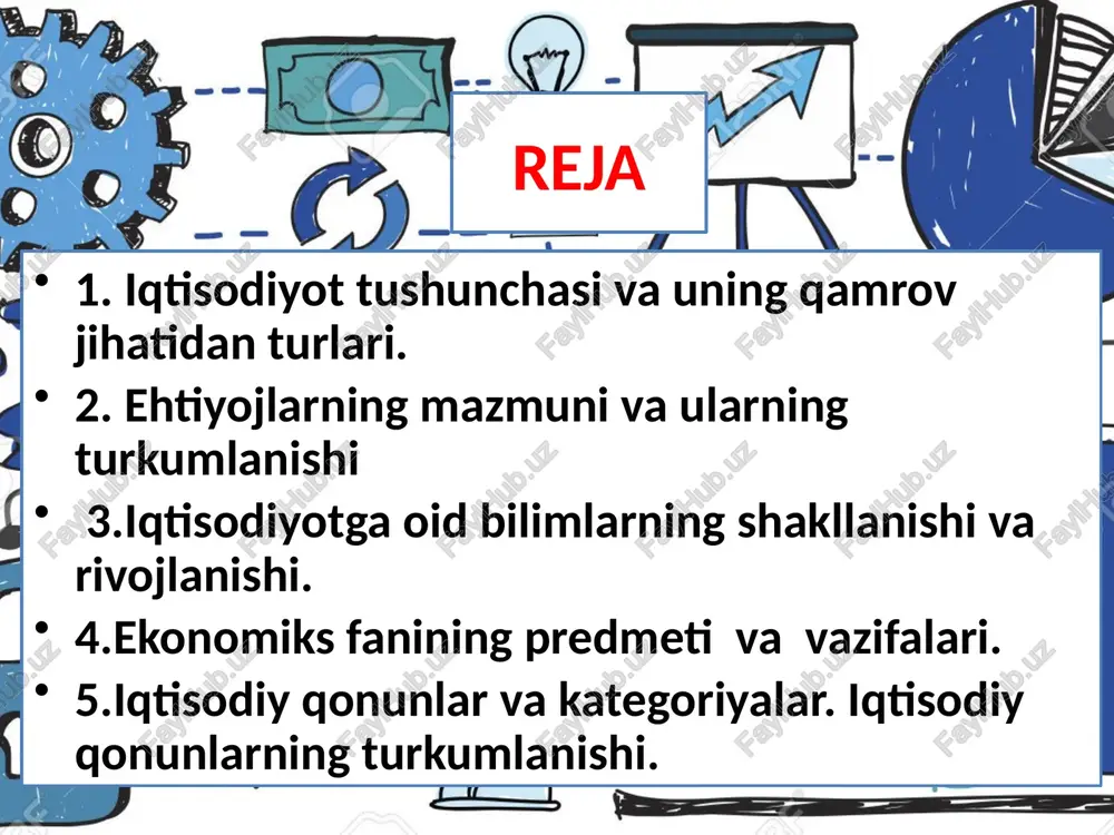 ayonlaridagi harakati iqtisodiyot fani jamiyatda yuz beradigan iqtisodiy hodisalar, jarayonlar, ularga xos bo‘lgan aloqa bog‘lanishlarni, ularning qonun qoidalarini va kishilar faoliyatida namoyon bo‘lishini o‘rganadi. qadimda iqtisodiy faoliyatning asosiy shakli uy xo’jaligi doirasida ro’y bergan. shuning uchun qadimgi grek olimlarining (ksenofont, platon, aristotel) asarlarida iqtisodiyot - uy xo’jaligi va uni yuritish qonunlari deb tushuntirilgan. 9 iqtisodiyot darajalari xo’jalik ko’lami megaiqtisodiyot jahon xo’jaligi makroiqtisodiyot davlat xo’jaligi mezoiqtisodiyot viloyat, shahar, tuman xo’jaligi metaiqtisodiyot tarmoq va soha xo’jaligi mikroiqtisodiyot korxona xo’jaligi miniiqtisodiyot uy xo’jaligi nanoiqtisodiyot individual xo’jaligi 1-rasm. iqtisodiyot darajalarining xo’jalik ko’lami iqtisodiyotning asosiy muammosi – iqtisodiy resurslar cheklangan sharoitda jamiyatning cheksiz ehtiyojlarini qanday qilib to‘laroq qondirib borish mumkinligi to‘g‘risidagi masaladir iqtisodiyotning asosiy muammosini hal qilish yo‘llari: iqtisodiy resurslar miqdorini ko‘paytirish; resurslar unumdorligini oshirish; resurslardan foydalanishning turli xil muqobil variantlaridan eng samaralisini tanlash; jamiyat ehtiyojlarini cheklash. inson ehtiyojlariga turli jihatdan yondoshib, uni har xil guruhlarga ajratish mumkin: 1. ehtiyojlar sub’ektlariga ko‘ra: individual, jamoa va …