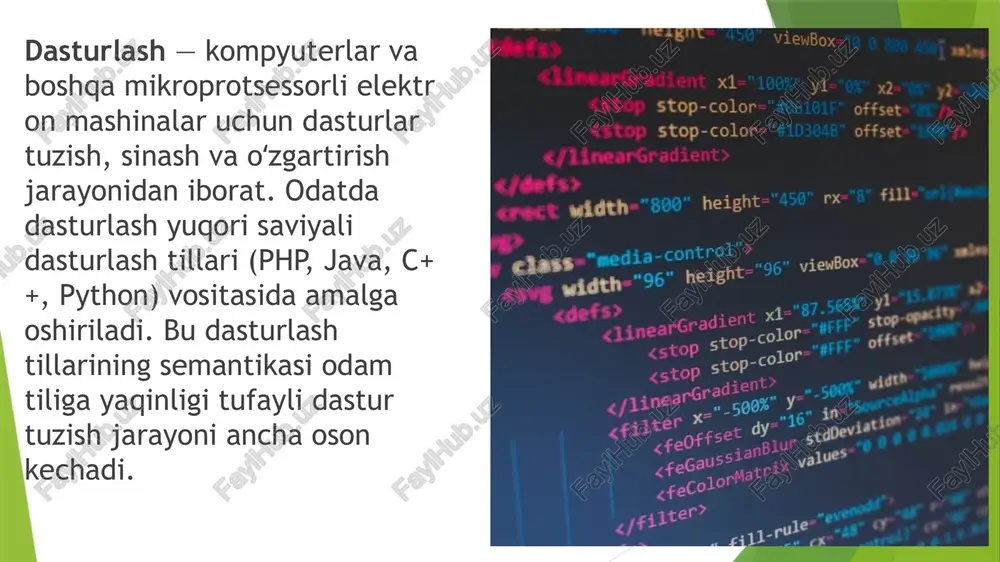 tanlovchi (shartli) operator va takroriy hisobni amalga oshiruvchi sikl operatorlariga boʻlinadi. dasturlash tili — maʼlumotlar (axborotlar)ni va ularni elektron mashinalarda ishlash algoritmlari (dasturlari)ni bayon qilish uchun moʻljallangan rasmiy til; odamning elektron mashina bilan bogʻlanishi uchun ishlatiladigan shartli belgilar tizimi. dasturlash tili tabiiy til bilan shartli mashina tili orasidagi oʻrinni egallaydi. dasturlash tilining asosiy vazifasi dasturlar tuzish (dasturlash) vositasi boʻlishi, yaʼni maʼlumotlarni ifodalash va ularni ehm (kompyuter) da ishlashda qoʻllanishidan iborat. protsessor dasturlash tilida yozilgan dasturni toʻgʻridan - toʻgʻri tushunmaydi. buning uchun dasturni protsessor tiliga tarjima qiladigan (raqamli oʻtkazib beruvchi) tarjimon tili - translyatordan foydalaniladi. tarjimon tilining ikkita turi mavjud: kompilyator va interpretator. 1)komplyator dasturlash tilida yozilgan dastur kodini to’laligicha oʻqib, mashina kodiga tarjima qiladi va tarjima natijalarini bajariladigan yaxlit bitta faylga yigʻadi. 2)interpretator dasturlash tilida yozilgan kodni bosqichma - bosqich mashina kodiga aylantirib, tahlil qiladi va berilgan buyruqlarni ketma - ketlikda bajaradi. agar xatolik sodir bo’lsa, o’sha zahoti xabar beradi. …