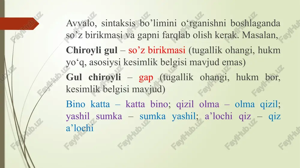 hayratga tushirdi; hammasi uning mehnati evaziga bo‘ldi. egasi yashiringan gap 1. egasi ma’lum gap 2. egasi umumlashgan gap egasi ma’lum gap kesim orqali egani topsa bo‘ladi, faqat ega gapda ishtirok etmaydi, yashiringan bo‘ladi. masalan, sizni uzoq kutdim; shu yerdan boshlaylik; ketyapsanmi? shohruhni chaqirib yuboring; yana magazinga ketdi. egasi umumlashgan gap bu turdagi gapda ham kesim orqali egani topsa bo‘ladi, lekin gapda ega ishtirok etmaydi. mazmunan ega umumga, xalqqa qaratilgan bo‘ladi, yakka bir shaxsga qaratilmaydi. masalan, yetti o‘lchab, bir kes; xatolaringizdan xulosa chiqarishga odatlaning; andijonda chaqaloqlarni ham sizlashadi; avtobusga orqa tarafdan chiqiladi; ota-onangni doimo hurmat qil. egasiz gap gapda umuman ega ishtirok etmaydi, kesim orqali ham topib bo‘lmaydi oyni etak bilan yopib bo‘lmaydi; doimo halol yashash kerak; albatta, g‘alaba qozoniladi; gapning ifoda maqsadiga ko‘ra turlari 1. darak gap 2. so‘roq gap 3. buyruq gap 4. istak gap darak gap borliq hodisalarini tasdiq yoki inkor yo'li bilan xabar qiluvchi gap darak gap …