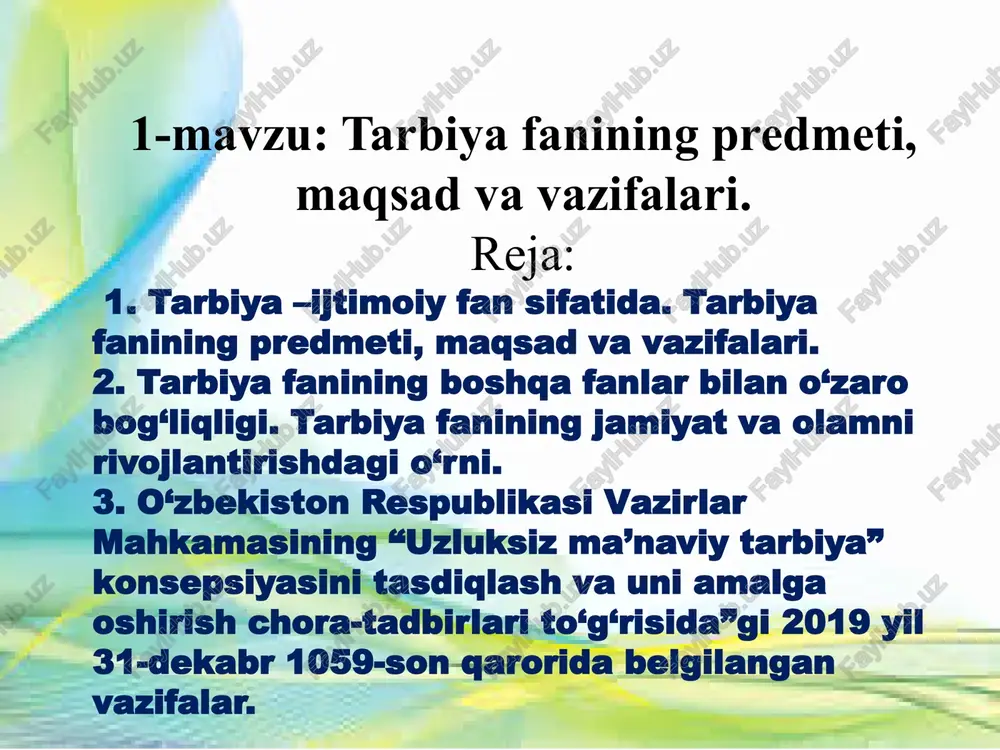 vlod ma’naviyatini yuksaltirish masalalariga bag’ishlangan videoselektor yig’ilishida yurtboshimiz shavkat mirziyoyev maktablardagi ma’naviy-ma’rifiy ishlarni yangicha asosda tashkil etish, “milliy g’oya”, “odobnoma”, “dinlar tarixi”, “vatan tuyg’usi” kabi fanlarni birlashtirgan holda, yagona “tarbiya” fanini joriy qilish zarurligini ta’kidlab o’tgan edilar. o’zbekiston respublikasi vazirlar mahkamasining “umumiy o‘rta ta’lim muassasalarida “tarbiya” fanini bosqichma-bosqich amaliyotga joriy etish chora-tadbirlari to’g’risida”gi qarori qabul qilinib, uning asosida umumiy o‘rta ta’lim muassasalarida «odobnoma», «vatan tuyg’usi», «milliy istiqlol g’oyasi va ma’naviyat asoslari» hamda «dunyo dinlari tarixi» fanlarini birlashtirgan holda yagona «tarbiya» fani 1-9-sinflarda — 2020-2021 o’quv yilidan, 10-11-sinflarda esa — 2021-2022 o’quv yilidan boshlab fanlarga ajratilgan umumiy soatlar doirasida bosqichma-bosqich amaliyotga joriy etish nazarda tutildi. 2020 yil 6-iyulda tarbiya fani ushbu fan uzluksiz ma’naviy tarbiya konsepsiyasining bir qismi sifatida o‘quvchilarda “milliy tiklanishdan – milliy yuksalish sari” g‘oyasini singdirish, ularni ijtimoiy muvaffaqiyatli hayotga tayyorlash, faol fuqarolik pozitsiyasi, mas’uliyat, majburiyat, huquqiy ong va madaniyat, teran dunyoqarash, sog‘lom e’tiqodlilik, ma’rifatparvarlik, bag‘rikenglik kabi fazilatlarni shakllantirishni …