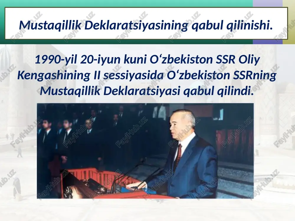 a”gi qonunni qabul qildi. o‘zbekiston respublikasining davlat bayrog‘i 1992-yil 2-iyulda o‘zbekiston respublikasi oliy kengashining x sessiyasida “o‘zbekiston respublikasining davlat gerbi to‘g‘risida”gi qonun qabul qilindi. o‘zbekiston respublikasining davlat gerbi o‘zbekiston respublikasi oliy kengashining 1992-yil 10-dekabrida bo‘lib o‘tgan xi sessiyasida “o‘zbekiston respublikasining davlat madhiyasi to‘g‘risida”gi qonun qabul qilindi. abdulla oripov sessiyada shoir abdulla oripov (1941–2016) va bastakor mutal burhonov (1916–2002) tomonidan tayyorlangan madhiya varianti tasdiqlandi. mutal burhonov savol va topshiriqlar: 1. mustaqillikni tezlashtirgan omillar nimalarda namoyon bo‘ldi? 2. daftaringizga 1991-yil avgust oyida sodir bo‘lgan va o‘zbekiston mustaqilligiga olib kelgan 3 ta muhim voqeani yozing va izohlang. 3. o‘zbekiston respublikasi konstitutsiyasining yaratilish jarayoni qancha muddat davom etdi. olgan bilimlaringizga tayanib, uning yaratilishini bosqichlarga bo‘lib davrlashtiring. 4. “mustaqillik deklaratsiyasi” va “o‘zbekiston respublikasining mustaqillik asoslari to‘g‘risida”gi qonunni topib, ikkita jadvalda bir xil mazmunli me’yorlar va farqli tomonlarni yozing. image2.jpeg image3.jpeg image4.jpeg image5.jpeg image6.jpeg image7.jpeg image8.emf image9.jpeg image10.jpeg image11.jpeg image12.png image13.jpeg image14.jpeg image15.jpeg image16.emf image1.jpeg /docprops/thumbnail.jpeg