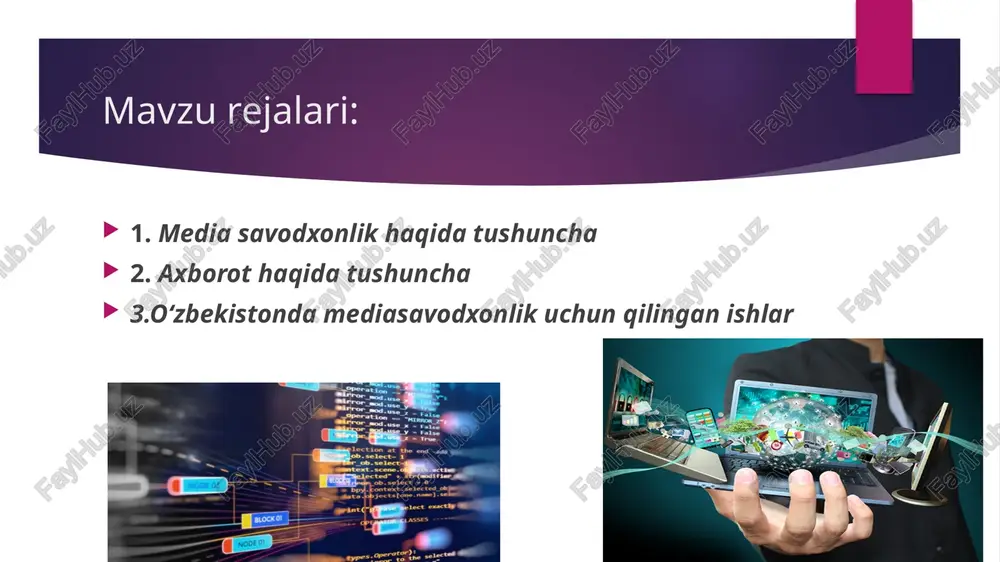 davlatlarga milliy ommaviy axborot vositalari va axborot savodxonligi siyosati va strategiyalarini shakllantirishda yordam beradi. axborot haqida tushuncha «axborot» so`zi kutilayotgan yoki bo`lib o`tgan voqea, xodisalar to`g`risidagi ma’lumotlarni bildiradi. kundalik turmushda har bir mutaxassis turli xil axborotlar bilan ish yuritadi. axborot tushunchasi bir qancha fanlarda turlicha izohlangan. masalan: falsafada axborot inson ongiga ta’sir etib, ob’ektiv reallikni aks ettiruvchi va harakatlantiruvchi kategoriya sifatida ishlatiladi. axborot haqida tushuncha kibernetika, informatika fanida axborot voqea – xodisa to`g`risidagi bilimlarni oshirish yoki noaniqlikni kamaytirish mezoni sifatida qo`llaniladi. kompyuterlarni ishlatish faoliyatida esa axborotdan boshqarish funksiyalarini amalga oshiruvchi ob’ekt sifatida foydalaniladi. axborot tushunchasi ma’lumot tushunchasi bilan uzviy bog`langan, lekin har qanday ma’lumot axborot bo`lavermaydi. masalan: olma desak, bir necha xil ma’noni tushunish mumkin: qizil olma deganda, mevaning ma’lum bir rangi tushuniladi, demak barcha ma’lumotlar axborotga aylanishi uchun voqea – xodisa to`g`risidagi butun xususiyatlarni ifodalashi lozim. axborot haqida tushuncha hozirgi kunda barcha axborotlarni nisbiy holda quyidagi turlarga ajratish mumkin …