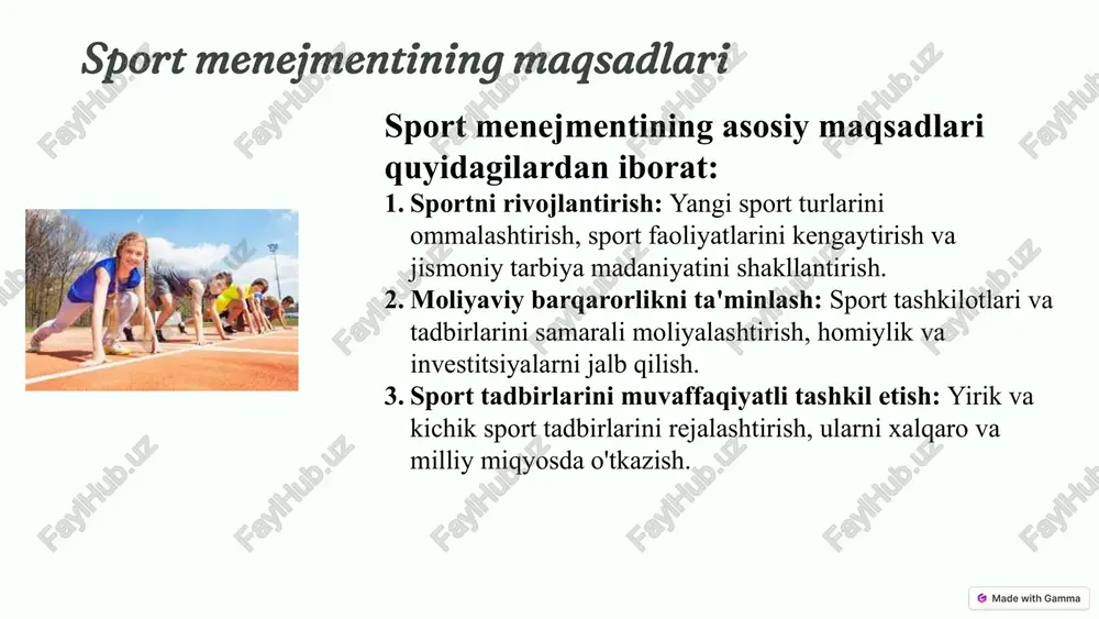 rali foydalanishni ta'minlash. 6. tadbirlarni boshqarish: sport musobaqalari va tadbirlarini muvaffaqiyatli tashkil etish va o‘tkazish. 7. innovatsiyalarni qo‘llash: zamonaviy texnologiyalarni sport menejmentida joriy etish. 8. sportchilarga qo‘llab-quvvatlash xizmatlarini taqdim etish: sportchilarga murabbiylik, tibbiy, psixologik va texnik yordam ko‘rsatish. 5 sport menejmentining asosiy funktsiyalari rejalashtirish sport dasturlari, tadbirlar va strategiyani rejalashtirish, maqsad va vazifalarni aniqlash. tashkillashtirish: sport tashkilotining tuzilishini yaratish, resurslarni taqsimlash va vazifalarni bajarish. boshqarish jamoa yoki tashkilot ishini boshqarish, motivatsiya berish, tomoshabinlar va sportchilar bilan muloqot qilish. nazorat sport faoliyatlarining ijrosini monitoring qilish, natijalarni baholash va zarur o'zgarishlarni kiritish. 6 marketing: sport tashkilotlari yoki tadbirlarini reklama qilish, brendni rivojlantirish, tomoshabinlar va sponsorlarni jalb qilish. moliyaviy boshqaruv buxgalteriya hisobi, budjet tayyorlash, daromad va xarajatlarni boshqarish. 7 sport menejmenti jarayonidagi etik masalalar 1 adolat sportchilar va raqobatni adolatli boshqarish. 2 halollik sportda halollik va etik qoidalarga rioya qilish. 3 hurmat sportchilarga, raqiblarga va tomoshabinlarga hurmat bilan munosabatda bo'lish. 4 mas'uliyat sport …