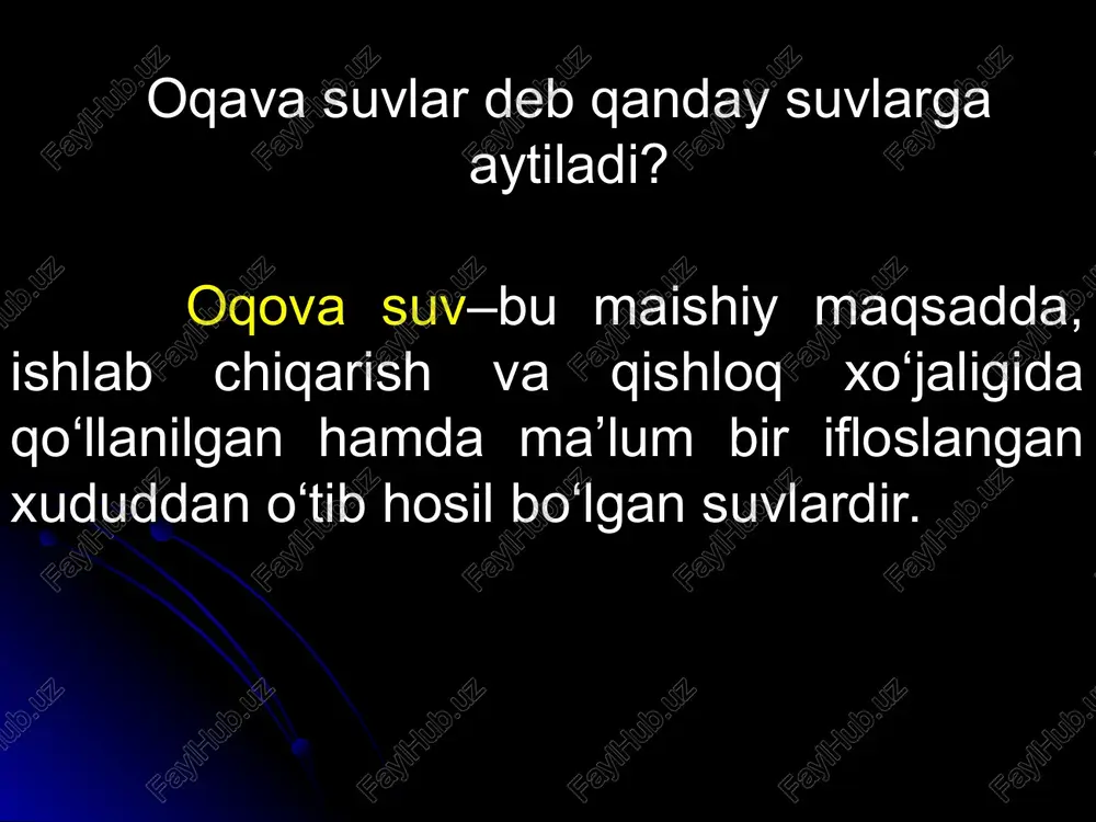 miqdori, kislorodga bo‘lgan kimyoviy ehtiyoj – kbke va kislorodga bo‘lgan biokimyoviy ehtiyoj – kbbe . 4. dag‘al dispers, kolloid zarrachalar shaklida aralashmalarning borligi. oqava suvlarni tozalash usullari mexanik usulda tozalash fizik - kimyoviy usulda tozalash kimyoviy usulda tozalash biyokimyoviy usulda tozalash termik usulda tozalash oqova suvlarini tozalash usullarining sinflanishi oqova suv tarkibidan muallaq zarrachalarni ajratib olish uchun gidromexanik jarayonlar, kolloid dispers sistemalar uchun fizik-kimyoviy, organik va noorganik eritmalarni ajratish uchun kimyoviy jarayonlar qo‘llaniladi. bu jarayonlarni tanlash zarracha o‘lchamiga, fizik-kimyoviy xossasiga, ularning suvdagi konsentratsiyasiga, oqova suv sarfiga bog‘liq. shuning uchun, oqova suvlarni tozalashda quyidagi usullar qo‘llaniladi: 1. mexanik (suzish, tindirish, cho‘ktirish, filtrlash, syentrifugalash va x.k.); 2. fizik-kimyoviy (adsorbsiya, koagulyasiya, flokulyasiya, flotatsiya, ion-almashinish, ekstraksiya va x.k.) 3. kimyoviy (reagentli) (neytrallash, oksidlanish, qaytarilish); 4. biokimyoviy (aerob, anaerob sharoitlarida); 5. termik (yuqori harorat ishtirokida). bu usullar ham o‘z navbatida turli xildagi tozalash jarayonlariga bo‘linadi, birinchi navbatda mexanik usul qo‘llaniladi. oqava suvlarni mexanik usulda tozalash …