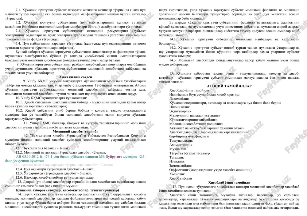 larning hisob siyosati va moliyaviy hisobotiga asos bo'ladigan kontseptsiyalar hamda moliyaviy hisobotning mazmuniga eng kam miqdordagi talablar ko'zda tutilgan. ayrim operatsiyalar va voqealarni aks ettirish, ularni o'lchash va ochib berish uchun batafsil talablar boshqa bhmslarda bayon qilinadi. mazkur standart moliyaviy hisobotdan tashqari taqdim etilishi lozim bo'lgan axborotlarga talablarni bayon qilmaydi. masalan, xo'jalik yurituvchi sub'ektlar moliyaviy hisobotga qo'shimcha axborot sifatida moliyaviy sharhlarni taqdim etishlari mumkin. 3. ushbu standartda hisob siyosati deganda xo'jalik yurituvchi sub'ektning rahbari buxgalteriya hisobini yuritish va moliyaviy hisobot tuzish uchun qabul qiladigan usullarning yig'masi tushuniladi, moliyaviy hisobot shu usullarga muvofiq va ularning qoidalari va asoslariga muvofiq ravishda tuziladi. buxgalteriya hisobini guruhlarga ajratish va xo'jalik faoliyati faktlariga baho berish, aktivlar qiymatini to'lash, hujjatlar aylanmasini, mol-mulkni ro'yxatga olishni tashkil etish usullari, buxgalteriya hisobida hisobotlarni qo'llanish usullari, hisob registrlari tizimi, axborotlarni ishlab chiqish va o'zga tegishli usullar, uslubiyatlar buxgalteriya hisobini yuritish usullariga kiradi. 4. xo'jalik yurituvchi sub'ektning hisob siyosati sub'ekt rahbari …