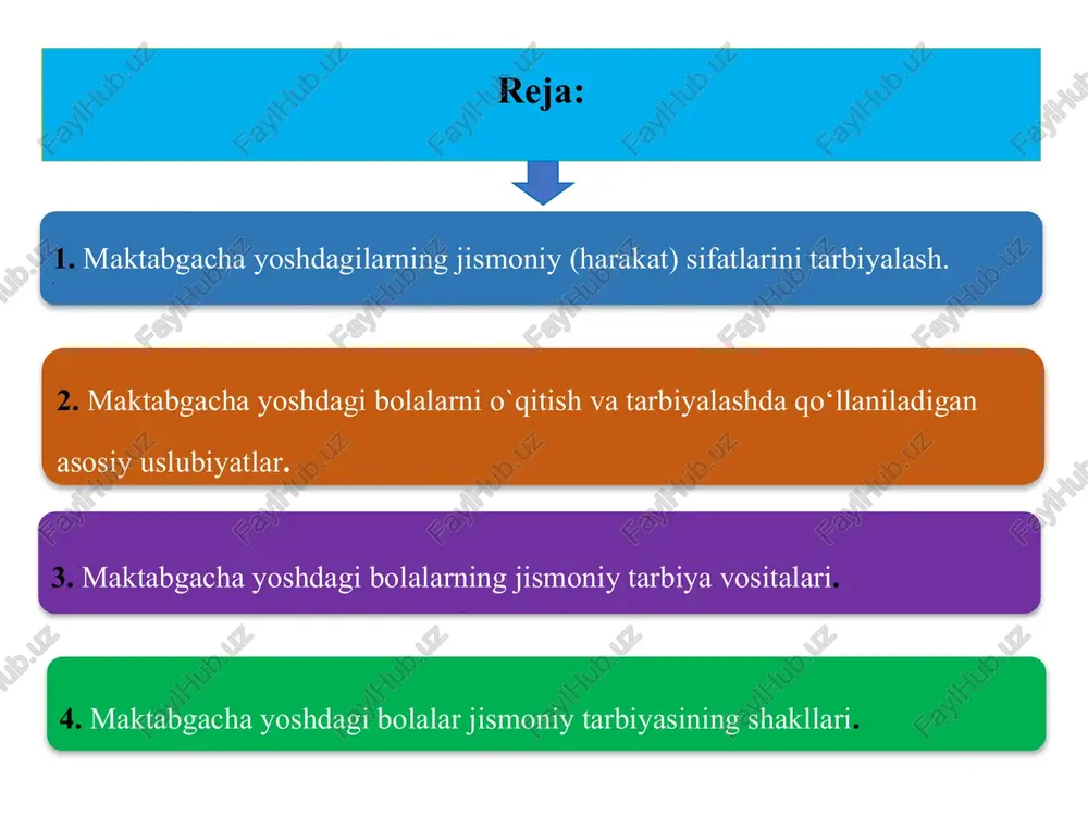 ezkorlik, va egiluvchanlikni rivojlantirishga imkoniyatlar katta. hayot uchun zaruriy eng oddiy harakat malakalari; maktabgacha yoshdagi bolalarning jismoniy (harakat) sifatlarini tarbiyalash xususiyatlari; ; jismoniy mashqlarni bajarish protsessida bu yoshdagi bolalarda chaqqonlik, tezlik, kuch, chidamlilik va egiluvchanlik sifatlari tarbiyalanadi. ularni anatomo-fiziologik xususiyatlarini e’tiborga olganimizda chaqqonlik va tezlik sifatlarini tarbiyalashning imkoniyati ularda boshqa sifatlarga nisbatan ko‘proq bo‘ladi, aksincha kuch va chidamlilik harakat sifatlarini tarbiyalashga esa extiyotkorlik zarur. lekin bu sifatlarni rivojlantirish umuman to‘xtatib qo‘yilmaydi, chunki kuch va chidamlilik elementlari har bir harakat faoliyati uchun zarur, bu sifatlar tarbiyachini xohishsiz ham boshqa harakat faoliyatlari davomida namoyon bo‘ladi. yurish, sakrash, uloqtirishdek harakatlar tarkibida bu sifatlar baribir namoyon bo‘ladi. maktabgacha yoshdagi bolalarning jismoniy (harakat) sifatlarini tarbiyalash xususiyatlari; ; bu yoshdagilarning nerv tizimini egiluvchanligi, jismoniy sifatlarni teng rivojlantirishga yaxshi imkoniyat yaratadi. chunki nerv sistemasidagi qo‘zg‘alish va tormozlanish biri ikkinchisi bilan tez almashinish qobiliyati bilan bog‘liq. ayniqsa harakatli o‘yinlar davomida oldindan rejalashtirilmagan, o‘yin faoliyati uchun zarur bo‘lgan favqulotdagi …