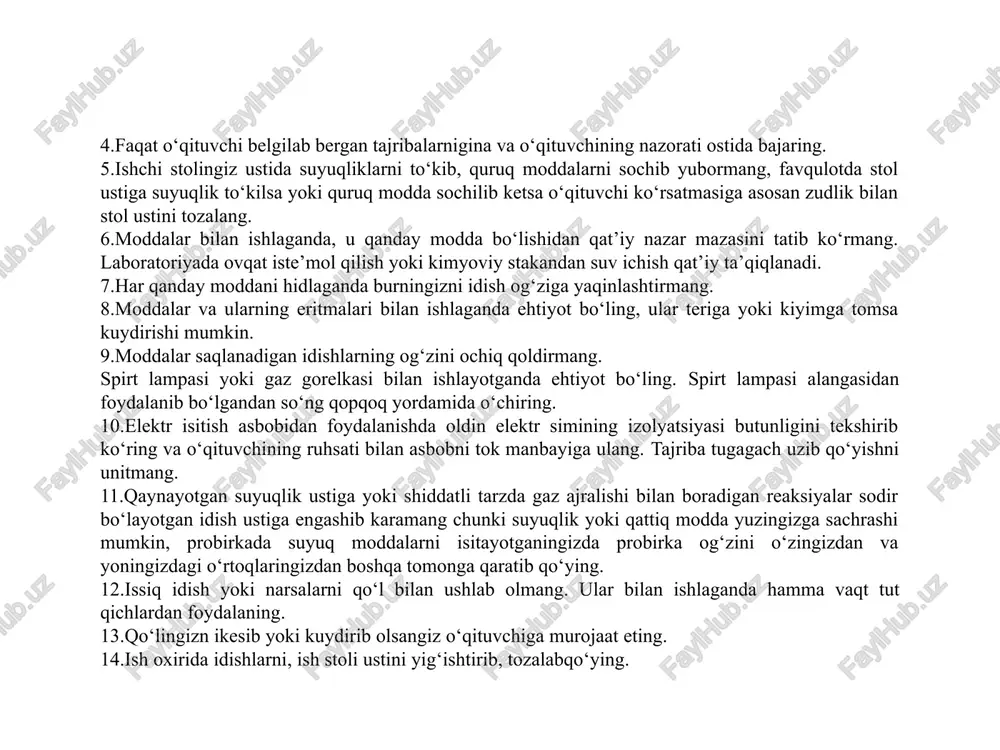 ling. spirt lampasi alangasidan foydalanib bo‘lgandan so‘ng qopqoq yordamida o‘chiring. 10.elektr isitish asbobidan foydalanishda oldin elektr simining izolyatsiyasi butunligini tekshirib ko‘ring va o‘qituvchining ruhsati bilan asbobni tok manbayiga ulang. tajriba tugagach uzib qo‘yishni unitmang. 11.qaynayotgan suyuqlik ustiga yoki shiddatli tarzda gaz ajralishi bilan boradigan reaksiyalar sodir bo‘layotgan idish ustiga engashib karamang chunki suyuqlik yoki qattiq modda yuzingizga sachrashi mumkin, probirkada suyuq moddalarni isitayotganingizda probirka og‘zini o‘zingizdan va yoningizdagi o‘rtoqlaringizdan boshqa tomonga qaratib qo‘ying. 12.issiq idish yoki narsalarni qo‘l bilan ushlab olmang. ular bilan ishlaganda hamma vaqt tut qichlardan foydalaning. 13.qo‘lingizn ikesib yoki kuydirib olsangiz o‘qituvchiga murojaat eting. 14.ish oxirida idishlarni, ish stoli ustini yig‘ishtirib, tozalabqo‘ying. birinchi yordam ko’rsatish choralari l. agar teriga (qo`l, yuz va boshqa joylarga) konsentrlangan kislota (nitrat, sul'fat, xlorid va sirka kislota) sachrasa, darhol o`sha jarohatlangan tana qismi kuchli suv oqimi bilan 3-4 minut davomida yuviladi, so`ngra shikastlangan joyga kaliy permanganatning 3 % li eritmasi shimdirilgan paxta …