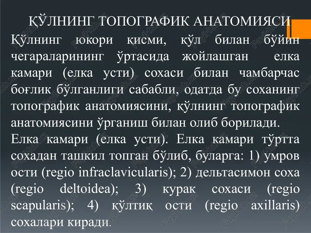 esa tepadan kichik ko'krak mushagining pastki qirrasi va pastdan katta ko'krak mushagining pastki erkin qirrasi bilan chegaralanib, uning asosini deltasimon mushakning oldingi qirrasi tashkil qiladi. trigonum clavipectorale soxasida o'mrov sugining pastki qirrasida eng medial o'mrov osti venasi, undan keyin lateralroq o'mrov osti arteriyasi va eng lateral elka chigali joylashadi. trigonum pectorale soxasida yana eng medial vena joylashsa, arteriyani elka chigalidan chiquvchi uchta tutam, ya'ni medial, lateral va orqa tutamlar o'rab turadi. trigonum subpectorale soxasida esa arteriya elka chigali tutamlaridan chiqayotgan nerv tolalari o'rtasida joylashadi. elka chigali bo'yinning pastki 4 ta va ko'krakning birinchi segmentlari xisobiga xosil bo'ladi. undan 3 ta tutam, lateral, medial va orqa tutamlar chiqadi. ular bilan birga 7 ta kalta tarmoqlar xam chigalning o'zidan chiqib, elka kamari soxasini innervatsiyalaydi. yuqorida aytilgan 3 ta tutamdan esa 7 ta uzun tarmoqlar chiqadi va qo'lning erkin qismini innervatsiyasida ishtirok etadi. elka chigalining kalta tarmoqlari: 1. n. dorsalis scapula 2. n. …