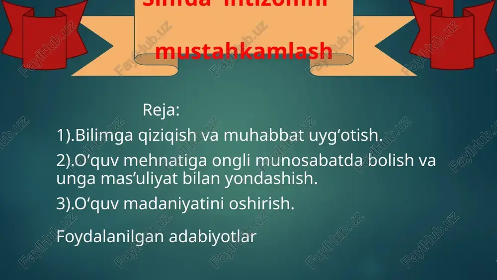 rning nazariy bilimlarini mustaqil ravishda qo`llay bilishlarini hisobga olish ayniqsa muhimdir. bu tajriba juda ko`p maktablarda muvaffaqiyatli qo`llanilib kelinmoqda. o`quvchilarga biror bir fan bo`yicha ko`rgazmali qurol yoki biror jihoz yasab kelish buyuriladi. bunda «agar tirishsang, bu sening qo`lingdan keladi» degan gapni uning qulog`iga quyish kerak. buni o`quvchi nafaqat oddiy topshiriq, balki o`qituvchining ishonchi sifatida ham qabul qiladi. to`g`risini aytganda, bunday narsalarni yasash uchun o`quvchi yetarli nazariy bilimga ega bo`lishi kerak. ma`lumki, ongli intizom va mas`uliyat hissini sezish maktabda olib boriladigan tarbiyaviy ishlar tizimining samarasi hisoblanadi.bolalarning intizomli bo`lishida sinf rahbarining xizmati katta. u darsda va darsdan tashqari vaqtlarda turli tarbiyaviy usullardan foydalanib, bolalarda intizomni tarbiyalabbu ishlarni sinf rahbari bir o`zi emas, balki o`qituvchilar, sinf jamoasi, faollari va ota-onalar bilan hamkorlikda amalga oshiradi.sinfda intizomni saqlash va joriy qilish faqat sinf rahbarining ishi deb tushunuvchilar ham uchrab turadi boradi, sinfda aniq rejim va ichki tartib o`rnatishga kirishadi; jihozlash, tozalik va tartibni joriy etib …
