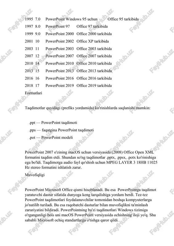 atlari taqdimotlar quyidagi (prefiks yordamida) ko'rinishlarda saqlanishi mumkin: .ppt — powerpoint taqdimoti .pps — faqatgina powerpoint taqdimoti .pot — powerpoint modeli powerpoint 2007 o'zining macos uchun versiyasida (2008) office open xml formatini taqdim etdi. shundan so'ng taqdimotlar .pptx, .ppsx, .potx ko'rinishiga ega bo'ldi. taqdimotga audio fayl qo'shish uchun mpeg layer 3 18hb 11025 hz stereo formatini ishlatish zarur. muvofiqligi powerpoint microsoft office qismi hisoblanadi. bu esa powerpointga taqdimot yaratuvchi dastur sifatida dunyoga keng tarqalishiga yordam berdi. tez-tez powerpoint taqdimotlari foydalanuvchilar tomonidan boshqa kompyuterlarga jo'natilib turiladi. bu esa raqobatchi dasturlar bilan muvofiqlikni ta'minlash zaruriyatini bildiradi. powerpointning ba'zi taqdimotlari windows tizimiga o'rganganligi bois uni macos powerpoint versiyasida ochishning iloji yo'q. shu sababli microsoft ochiq standartlarga o'tishga qaror qildi. reklama taqdimoti reklama prezentastiyasini yaratish bu ko'p vaqtni talab qiladigan, juda muhim va masʻuliyatli jarayondir. bu o'rinda sizdan talab qilinadigani bu rasmlar, animastiya (harakat), qisqa matnlardan iborat ssenariyni oʻylab topish. prezentastiyalar tayyorlashda eng effektiv …