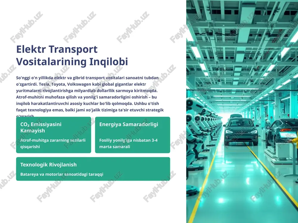 platformasi: modellashtirishning zamonaviy vositasi matlab/simulink asosidagi simscape – fizik tizimlarni modellashtirish uchun ideal platforma. elektr transport vositalarining barcha asosiy subsistemalarini bir tizimda birlashtirish imkoniyati beradi. motor boshqaruvi, batareya dinamikasi, termodinamika va mexanik tizimlar – hammasini bitta modelda o'rganish mumkin. simulink blok sxemalari vizual dasturlash asosida tizimlarni tuzish fizik komponentlar kutubxonasi tayyor elementlardan tizim yig'ish amaliy sinovlar real tizimlarga moslashuvchanlik va validatsiya 5 batareya energiya saqlash tizimining matematik modeli batareya zaryadlash va tushirish jarayonlarini differensial tenglamalar yordamida ifodalash – elektr transportining qalbi. thermal holatlarni (xarorat) hisobga olish orqali batareya resursini optimallashtirish mumkin. zaryadlash holati (state of charge), sog'ligining holati (state of health) va xarorat – uchta asosiy parametr. health indicators thermal management discharging charging modelning ishonchliligi: real laboratoriya sinovlari bilan tasdiqlangan. simulyatsiya natijalari amaliy o'lchovlar bilan 95% aniqlikda mos tushadi. bu batareya xavfsizligini ta'minlash uchun juda muhim. 6 elektr transport vositalarining energiya samaradorligini oshirish dinamik parametrlarni tanlash va optimallashtirish – motor …