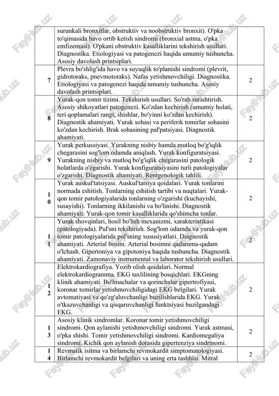nezi haqida umiumiy tushuncha. asosiy davolash prntsiplari. 2 6 bronxlar o'tkazuvchanligining buzilish sindromi (o'tkir va surunkali bronxitlar, obstruktiv va noobstruktiv bronxit). o'pka to'qimasida havo ortib ketish sindromi (bronxial astma, o'pka emfizemasi). o'pkani obstruktiv kasalliklarini tekshirish usullari. diagnostika. etiologiyasi va patogenezi haqida umumiy tushuncha. asosiy davolash printsiplari. 2 7 plevra bo'shlig'ida havo va suyuqlik to'planishi sindromi (plevrit, gidrotoraks, pnevmotoraks). nafas yetishmovchiligi. diagnostika. etiologiyasi va patogenezi haqida umumiy tushuncha. asosiy davolash printsiplari. 2 8 yurak-qon tomir tizimi. tekshirish usullari. so'rab surishtirish. asosiy shikoyatlari patogenezi. ko'zdan kechirish (umumiy holati, teri qoplamalari rangi, shishlar, bo'yinni ko'zdan kechirish). diagnostik ahamiyati. yurak sohasi va periferik tomirlar sohasini ko'zdan kechirish. brak sohasining pal'patsiyasi. diagnostik ahamiyati. 2 9 yurak perkussiyasi. yurakning nisbiy hamda mutloq bo'g'iqlik chegarasini sog'lom odamda aniqlash. yurak konfiguratsiyasi. yurakning nisbiy va mutloq bo'g'iqlik chegarasini patologik holatlarda o'zgarishi. yurak konfiguratsiyasini turli patologiyalar o'zgarishi. diagnostik ahamiyati. rentgenologik tahlili. 2 10 yurak auskul'tatsiyasi. auskul'tatsiya qoidalari. yurak tonlarini normada …