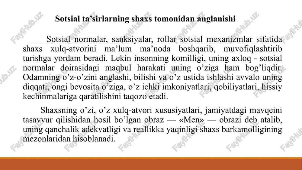 i xil yomon asoratlardan, hissiy kechinmalardan asraydi. lekin shuni alohida ta’kidlash lozimki, «men» — obrazining ijobiy yoki salbiyligida yana o’sha shaxsni o’rab turgan tashqi muhit, o’zgalar va ularning munosabati katta rol o’ynaydi. odam o’zgalarga qarab, go’yoki oynada o’zini ko’rganday tasavvur qiladi. bu jarayon psixologiyada refleksiya deb ataladi. uning mohiyati — aynan o’ziga o’xshash odamlar obrazi orqali o’zi to’g’risidagi obrazni shakllantirish, jonlantirishdir. refleksiya «men» — obrazi egasining ongiga taalluqli jarayondir. o'z harakatlari va motivlarini o'z-o'zini idrok etish va talqin qilish, o'ziga xos xususiyatlar va ularning boshqa odamlar taassurotiga ta'siri. masalan, ko’chada bir tanishingizni uchratib qoldingiz. siz tinmay unga o’z yutuqlaringiz va mashg’ulotlaringiz haqida gapirmoqdasiz. lekin gap bilan bo’lib, uning qayergadir shoshayotganligiga e’tibor bermadingiz. shu narsani siz uning betoqatlik bilan sizni tinglayotganligidan, hayoli boshqa yerda turganligidan bilib qolasiz va shu orqali ayni shu paytda «mahmadona, laqmaroq» bo’lib qolganingizni sezasiz. keyingi safar shu o’rtog’ingiz bilan uchrashganda, oldingi xatoga yo’l qo’ymaslik uchun «o’rtoq, shoshmayapsanmi?» …