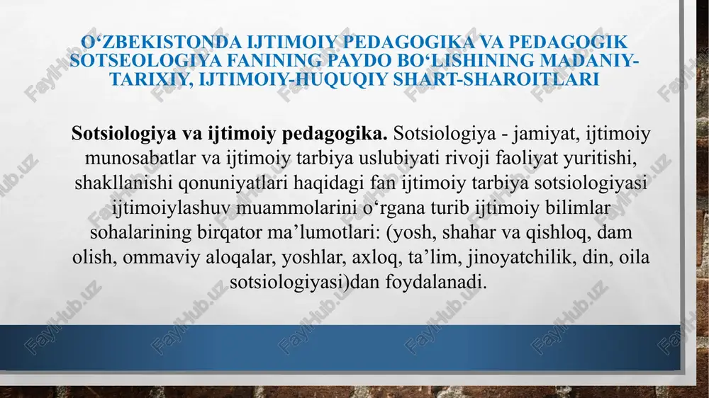 bo‘lishi, shu jamiyatda yashash uchun, teng huquqli a’zosi bo‘lishga intiladi. ijtimoiy pedagogika fanning vazifasi quyidagi to‘rt bosqichni o‘z ichiga oladi: 1. bolani va o‘smirni haqiqatgo‘y qilib tarbiyalash va voyaga yetkazish; 2. shaxsning mustaqil fikrlay olishi, muammoga duch kelganida uni mustaqil ravishda hal qila olishi va o‘z munosabatini bildirishi; 3. atrofdagi kishilar bilan erkin va madaniy holda muomala qilishni o‘rgatish; 4. hayotdagi o‘z oldiga qo‘ygan maqsad va vazifalarini ongli ravishda tushunishga o‘rgatish. oila oila - ijtimoiylashishning yetakchi instituti, bu orqali bola asosiy ijtimoiy bilimni egallaydi, axloqiy mohirlik va ko‘nikmani oladi, ma’lum baho va eng yuksak maqsad qilishni o‘zlashtiradi, hayotida nima kerak bo‘lsa shu jamiyatdan oladi. ta’lim ta’lim – ta’lim orqali bola bu jamiyatga hukmronlik qilayotganlarni baholay oladi. ta’limda bilim olish jarayonida, u nafaqat rivojlanadi, balki jamiyatdagi hayotga moslashadi. madaniyat madaniyat - bu shunday ijtimoiy institutki, insoniyat o‘zi uchun yaratilgan moddiy va ma’naviy boyliklarni tanlaydigan maskan. bolaga uning shakllanish jarayonida adabiyot, musiqa, …