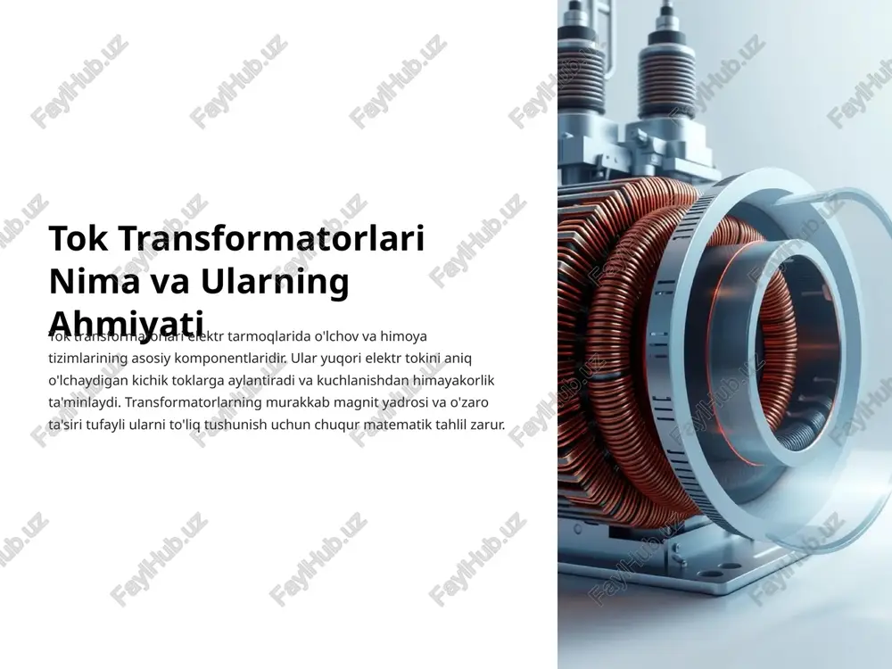ha modellar 7 transformator koeffitsiyentlarini topologik yondashuv kompleks elektr tarmoqlarida transformator koeffitsiyentlarini aniqlash nodal tenglamalar asosida amalga oshiriladi. tok taqsimoti va kuchlanish regulyatsiyasi uchun on-load tap-changer boshqaruvi nazariy asoslari yordamida optimallashtirish mumkin. 8 amaliy misollar va so'nggi tadqiqotlar transient javoblar tok transformatorlarining impuls va step javoblarini simulyatsiya qilish generatorli tarmoqlar synchronous generatorlar va transformator emf o'zaro ta'siri (saint petersburg tadqiqoti) yangi modellar so'nggi ilmiy maqolalardan olingan takomallashtirilgan yondashuvlar va algoritmlar 9 xulosa va kelajak yo'nalishlari hozirgi ahamiyat aniq modellashtirish elektr tarmoqlarining ishonchliligini ko'taradigan muhim omil takomallashtirilgan tahlil yangi kompyuter dasturlari va modellar bilan yanada mukammal tahlil imkoniyati kelajakdagi rivojlanish yuqori chastotali va impuls transformatorlari modellarini takomallashtirishning zarurati savollar va muhokama uchun ruxsat beriladi 10 image-1002-1.png image-1-1.png image-1003-1.png image-2-1.png image-1004-1.png image-3-1.png image-1005-1.png image-4-1.png image-1006-1.png image-5-1.png image-1007-1.png image-6-1.png image-1008-1.png image-7-1.png image-7-10.png image-7-11.png image-7-12.svg image-7-2.png image-7-3.svg image-7-4.png image-7-5.png image-7-6.svg image-7-7.png image-7-8.png image-7-9.svg image-1009-1.png image-8-1.png image-1010-1.png image-9-1.png image-9-2.png image-9-3.png image-9-4.png image-1011-1.png image-10-1.png image-10-2.png image-10-3.png …