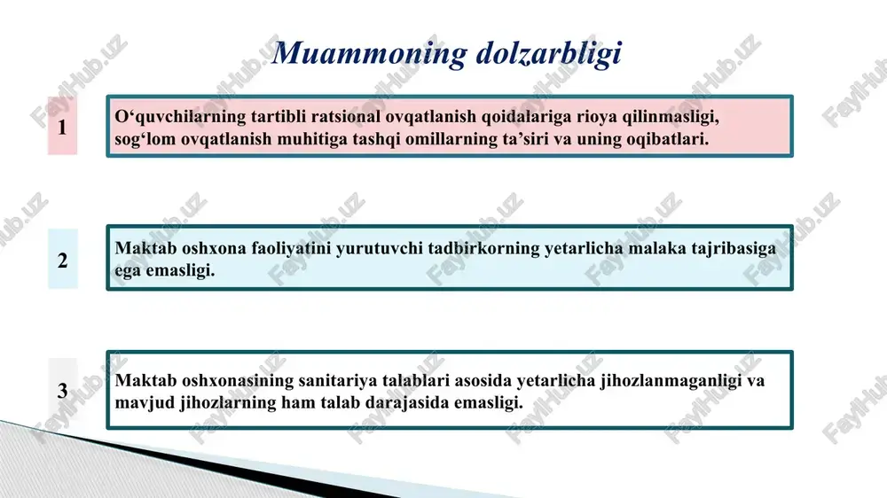 ktabda mahallamizdagi homiylar va tadbirkorlarni jalb qilgan holda zamonaviy jihozlarga ega bo‘lgan oshxonaga erishish. 4. maktab oshxonasini ijaraga olgan tadbirkor bilan sog‘lom ovqatlanishni yo‘lga qo‘yish bo‘yicha samarali ishlarni tashkil etish. 2. maktabda muntazam sog‘lom ovqatlanish jarayonida zarur bo‘lgan oziq-ovqatlar istemoli bo‘yicha nazoratni yanada kuchaytirish. mavzu yuzasidan xorijiy tajribalarni o`rganilganligi amerikaning kaliforniya shtatidagi maktablar o‘z o‘quvchilaridan bir mahal ovqat uchun kunlik 6-8 dollargacha haq sarflaydi. kaliforniya shtatida maktab o‘quvchilarga bir mahal nonushta yoki tushlik uchun bepul ovqatlanish tizimi 100 % yo‘lga qo‘yilgan. bir mahal ovqatlanish tushlik vaqti belgilangan bo‘lib, bir kun avval ma’lumot tariqasida ovqatlanish minyusi maktab o‘quvchilarining ota-onalarga oldindan ma’lumot tariqasida taqdim etilib boriladi. fransiyada ta’limning asosiy maqsadi shaxsning har tomonlama kamol topishini ta’minlash, uni mustaqil faoliyatga tayyorlashdan iborat. maktablarida boshlang‘ich ta’lim 6 yoshdan 11 yoshgacha bo‘lgan bolalar jalb qilinadilar. boshlang‘ich maktab bepul va majburiy. maktablarda ovqatlanish pullik lekin juda arzonlashtirilgan narxlarda. ahamiyatlisi shundaki, o‘quvchilarning maktab oshxonasidan tashqarida ovqatlanish holatlari …