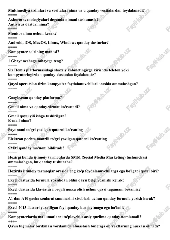 ==== excel dasturida klaviatura orqali nusxa olish uchun qaysi tugamani bosamiz? ==== a1 dan a10 gacha sonlarni summasini xisoblash uchun qanday formula yozish kerak? ==== excel 2013 dasturi yaratilgan fayl qanday kengaytmaga ega bo'ladi? ==== kompyuterlarda ma'lumotlarni to'plovchi asosiy qurilma qanday nomlanadi? ++++ qaysi tugmalar birikmasi yordamida almashish buferiga ob’yektlarning nusxasi olinadi? ==== qaysi tugmalar birikmasi yordamida ob’yektlarning nusxasi almashish buferidan tanlangan papkaga qo‘yiladi? ==== microsoft word – bu: microsoft word dasturi yordamida yaratiladigan hujjatlar qanday nomlanadi? microsoft word dasturida yangi hujjat yaratilganda, odatda avtomatik ravishda dastur tomonidan unga qanday nom beriladi? ==== kompyuter diskida yoki ixtiyoriy axborot tashuvchida joylashgan «*.doc» kengaytmali faylga sichqoncha ko‘rsatkichi bilan ikki marta bosilsa qanday jarayon sodir bo‘ladi? ==== microsoft word dasturida ctrl tugmasini bosib sichqoncha g‘ildiragi aylantirilsa nima sodir bo‘ladi? ==== microsoft word dasturida kursordan chapdagi belgilarni o‘chirish uchun qaysi tugmadan foydalaniladi? ==== microsoft excel – bu: ==== microsoft excel dasturida yaratiladigan hujjatlar qanday …