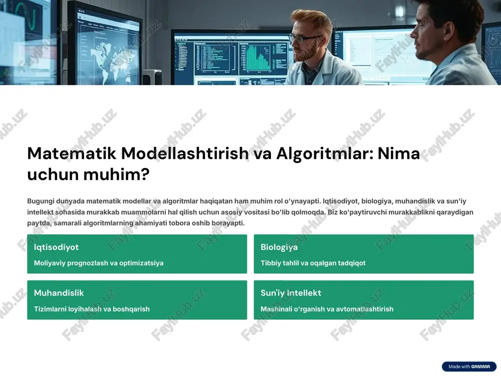 ir shachar (2024) tomonidan taqdim etilgan "algogenlar" kontseptsiyasi – sun'iy intellekt va an'anaviy algoritmlarning birlashmasi – yangi imkoniyatlarni ochmoqda. bu yondashuvlar moslashuvchanlikni oshiradi va samaradorlikni yanada yaxshilaydi. algoritmlarning yangi avlodi ai yordamida murakkab masalalarni iloji boricha tez va aniq hal qilish imkonini beradi. an'anaviy algoritmlar aniq qoidalar va protseduralar birlashma hybrid yondashuvlar ai algoritmlari moslashuvchan va o'rganuvchi 5 geometriya va teoremalarni isbotlashda yangi algoritmlar luong (2023) tomonidan ishlab chiqilgan alphageometry sun'iy intellekt yordamida murakkab geometriya teoremalarini yechish imkonini beraydi. bu algoritm 100 milliondan ortiq sintetik teoremalar va 200+ qadamli isbotlardan o'rgangandir. eng hayajonlandirgani shundaki, alphageometry olimpiada darajasidagi muammolarni inson zikosi bilan raqobat qila oladi. bu geometriyaning tarixida yangi davr boshlanishi anglatadi. 1 sintetik ma'lumotlar yaratish 100 million geometriya teoremalarini avtomatlash bilan yaratish 2 chuqur o'rganish modeli murakkab isbotlarni tushunish va imitatsiya qilish 3 inson darajasi natijalar olimpiada muammolarini yuqori samaradorlik bilan hal qilish 6 geometrik diagramma va ai tomonidan yaratilgan …