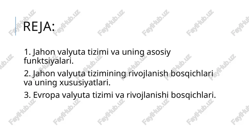 lyuta tizimi (1922-1929 y.y); bretton-vuds valyuta tizimi (1945-1976 y.y.); yamayka valyuta tizimi (1976 yildan hozirgi davrgacha). 1 2 3 4 5 oltin andozasining uchta shakli oltin tanga andozasi. mazkur bosqichda oltin tangalar faol tarzda muomalada o‘rin egalladi. oltin quyilma andozasi. bu bosqichda oltin tangalar muomalada bo‘lmadi hamdva ularni erkin tarzda zarb qilish amalga oshirilmadi, pul-kredit muassasalarining majburiyati esa oltin quyilmalarni sotishdan iborat bo‘ldi. oltin valyuta andozasi. ushbu bosqichda pul-kredit muassasalari milliy pullarni xorijiy valyutalarga oltin andozasi asosida almashtirdilar. oltin andozasi tizimining o‘ziga xos bo‘lgan tomonlari har bir valyuta oltin tarkibiga ega bo‘lib, valyuta birligi muayyan miqdorda oltinga tenglashtirildi; valyutalarning oltin tarkibiga ko‘ra ularning oltin paritetlari o‘rnatildi, shunga muvofiq valyutalarning o‘zaro kursi belgilandi; alohida davlat ichida va undan tashqarida valyutalarning oltinga erkin almashinuvi ta’minlandi. davlat paritet qiymatiga ko‘ra oltinni sotish va sotib olish majburiyatini oldi. oltin umumjahon puli sifatida tan olindi; oltinning erkin tarzda eksport va importi yo‘lga qo‘yildi; pulga bo‘lgan …