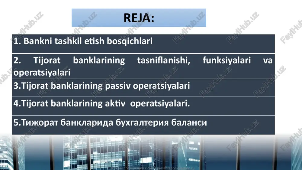 jamg‘armalarini taqsimlash orqali iqtisodiyotni zarur moliyaviy resurslar bilan ta'minlaydi. bu vositachilik iqtisodiyotni yanada rivojlantirish uchun zarur bo‘lgan “yoqilg‘i” bilan ta'minlaydigan omilidir shabloni prezentatsiy s sayta presentation-creation.ru tijorat banklarining tasniflanishi: 1. mulkchilik shaklig ko’ra 2. xizmat ko’rsatish sohasiga ko’ra 3. xududi bo’yicha 4. activlarning hajmiga ko’ra shabloni prezentatsiy s sayta presentation-creation.ru tijorat banklarining funksiyalari: -vaqtincha bo’sh turgan pul mablag’larni yig’ish va ularni kapitalga aylantirish; -korxona, tashkilotlar va aholini kreditlash; -iqtisodiyotda hisob-kitoblar va to’lovlarni amalga oshirish; -moliya-valyuta bozorida faoliyat ko’rsatish; -iqtisodiy-moliyaviy axborotlar berish va maslahat xizmatlarini ko’rsatish va boshqalar. tijorat banklarining xizmatlar turi: shabloni prezentatsiy s sayta presentation-creation.ru jismoniy shaxslarga yuridik shaxslarga pul o‘tkazmalari omonatlar bank kartalari kredit mahsulotlari konversion amaliyotlari mobil banking individual seyf va yacheykalar hisob-kitob va kassa xizmatlari to‘lovlarni qabul qilish kommunal to‘lovlarni amalga oshirish jamg‘arma sertifikatlari mol-mulkni ishonchli boshqarish kredit mahsulotlari, shu jumladan xorijiy valyutada lizing faktoring konversion amaliyotlari internet-banking individual seyf va yacheykalari hisob-kitob va kassa xizmatlari …