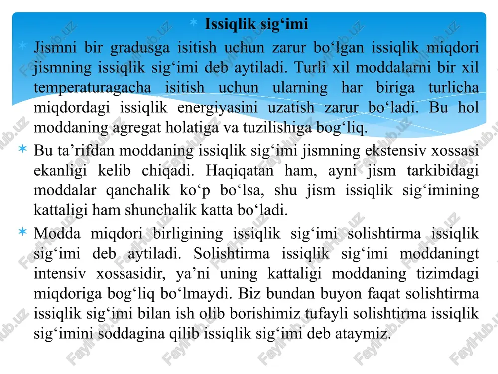 jarayonlarning issiqlik sig‘imlaridan eng ko‘p foydalaniladi. bu issiqlik sig‘imlari izobarik va izoxorik issiqlik sig‘imlari deb atalib, tegishlicha cp va cv orqali belgilanadi. shu bilan birgalikda cv – massaviy izoxorik issiqlik sig‘imi; c1v -hajmiy izoxorik issiqlik sig‘imi; cv – molyar izoxorik issiqlik sig‘imi; cp – massaviy izobarik issiqlik sig‘imi; - hajmiy izobarik issiqlik sig‘imi va cp – molyar izobarik issiqlik sig‘imlari bir-biridan farqlanadi. gaz o‘zgarmas bosim yoki o‘zgarmas hajmda turishiga qarab, uning temperaturasini 1 ga isitish uchun turli miqdordagi issiqlik zarur. izobarik issiqlik sig‘imi izoxorik issiqlik sig‘imidan har doim katta bo‘ladi, chunki 1 kg gazni 1 ga p=const sharoitida isitilganda, energiyani bir qismi kengayish uchun sarflanadi. r. mayer cp va cv orasidagi bog‘liqlikni o‘rganib, qo‘yidagi tenglamani keltirib chiqardi: cp–cv=r (2.10) yuqoridagi tenglamani ikkala qismini molekulyar massa () ga ko‘paytirsak quyidagi natijani olamiz: cp –cv=r=8314 j/(kmolk) (2.11) yoki cp –cv=8314 j/(kmolk) (2.12) demak, barcha gazlar uchun molyar izobar va izoxor issiqlik sig‘imlari …