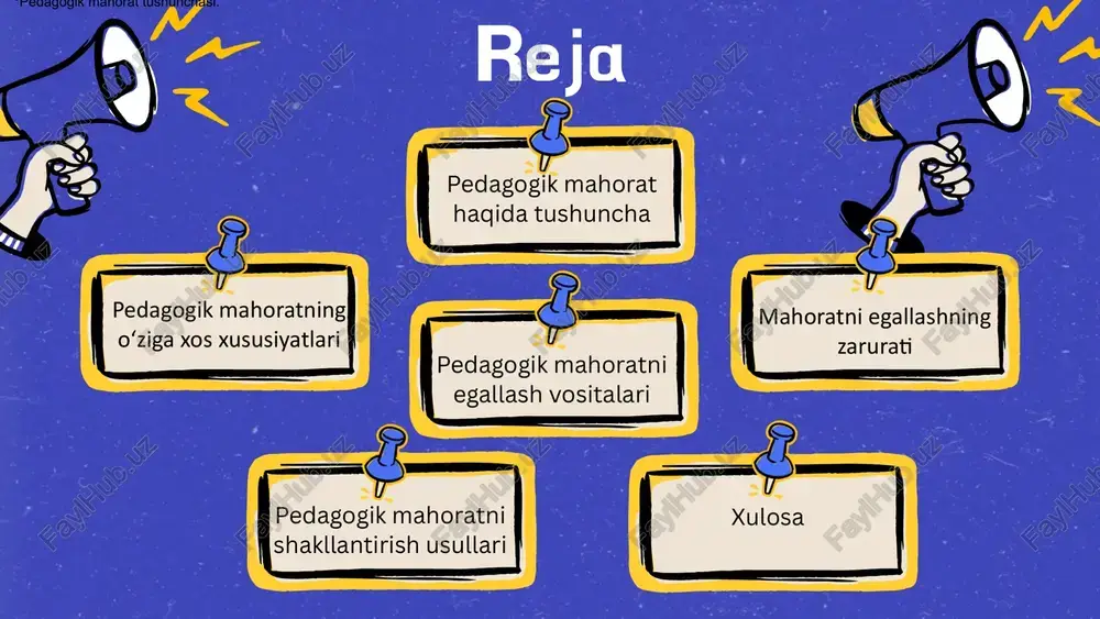 ish. yangi pedagogik texnologiyalarni o‘zlashtirish va tatbiq qilish. o‘z faoliyatini baholay olish. xatolardan saboq olish va professional o‘sishga intilish. darsning tuzilishini ongli ravishda loyihalash. ta’lim jarayonini bosqichma-bosqich tashkil qilish. pedagogik mahoratni egallash vositalari tajribali ustoz o'qituvchilar faoliyatini o‘rganish mustaqil o‘qib-o‘rganish doimiy ravishda ilmiy anjumanlar (nazariy va amaliy konferen- siya hamda seminarian pedagogik o'qish hamda treninglar) da faol ishtirok etish o'qituvchi xodimlami qayta tayyorlash va malakasini oshirish respublika hamda rivojlangan xorijiy mamlakatlaming yetakchi ta’lim muassasalarida o‘z tajribalarini oshirish, kasbi bo‘yicha eng so'nggi ma’lumotlami o'rganish. pedagogik mahoratni egallash zarurati ta’lim sifatini oshirish hamda yosh avlodni tarbiyalashda muvaffaqiyatga erishish kasbiy raqobatbardoshlikni oshirish hamda professional o‘sish va yetuklikka erishish zamonaviy pedagogik texnologiyalarni qo‘llash ehtiyoji va ijtimoiy-ma’naviy talablar pedagogik mahoratni egallash zarurati – bu oddiy o‘qituvchilik emas, balki haqiqiy tarbiyachi, metodist, shaxsiyat yetishtiruvchi bo‘lish uchun zarur bo‘lgan asosiy tamoyillardandir! mahoratli pedagog ko‘rgazmali, interaktiv, chuqur ta’sirli darslar o‘tadi. o‘quvchilarning bilim, ko‘nikma va kompetensiyalarini chuqur shakllantiradi. har …