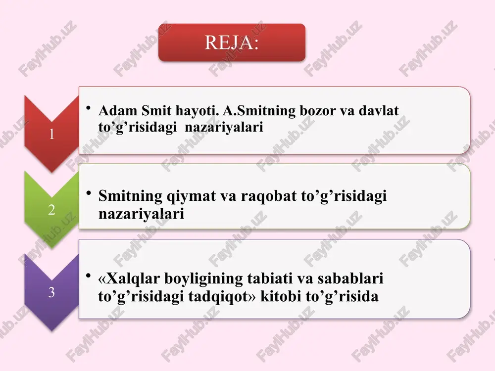 diy progressning muhim omili mehnat taqsimotidir, degan xulosaga keldi va buni o’z tadqiqotlarining boshlang’ich punkti deb qabul qildi. adam smit ta’rifiga ko’ra mehnat unumdorligi uch usul bilan amalga oshiriladi: 1. mehnat taqsimoti tufayli ayrim ishchilarning chaqqonligi va mohirligi oshadi;solish; 2. bir turdagi ishdan boshqasiga o’tish uchun ketadigan vaqt iqtisod qilinadi (dastgohdan dastgohga borish vaqti va yangi turdagi ishga psixologik moslashish uchun ketadigan vaqt iqtisod qilinadi); mehnat taqsimoti mashinalar ixtiro qilishga imkon tug’diradi, ya’ni takrorlanadigan jarayonlar mashina qo’llashga qulaylik yaratadi. undan tashqari ishchilarning bir xil ishni doim takrorlashi tufayli mahsulotning sifati ham yaxshilanishi kerak, bu esa tovarning bahosi, raqobat quvvatini oshiradi. shunday qilib, a.smit manufakturada mehnat taqsimotining roli va mashina sanoati sari rivojlanish tendenstiyasini to’g’ri yoritgan. a.smit qiymatning mehnat nazariyasini v.pettiga nisbatan ancha chuqur va to’laroq ishlab chiqdi 1 2 kapitalistik ishlab chiqarishnig manufaktura bosqichini tahlil qilish asosida iqtisodiy progressning muhim omili mehnat taqsimotidir, degan xulosaga keldi va buni o’z tadqiqotlarining …