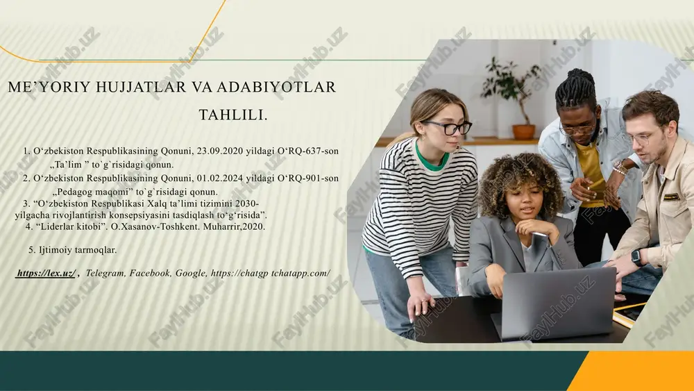 rlik dasturlar, charter maktablar va magnet maktablarda raqobat. pedagoglar orasida ko‘p rivojlanish tizimi, professional o‘sish klublari, tartib-intizom va an'anaviy yondashuvda raqobat. 07 finlyandiya aqsh yaponiya aqsh aqsh ta'lim tizimida har bir shtat va hatto har bir maktab o‘z boshqaruv tizimini yaratish huquqiga ega. innovatsion yondashuvlar: aqshda ko‘plab maktablar o‘z pedagogik va boshqaruv amaliyotlarida innovatsion yondashuvlarni qo‘llaydilar. charter maktablar va magnet maktablar buning yorqin misolidir. mentorlik dasturlari: yosh o‘qituvchilarni qo‘llab-quvvatlash uchun tajribali pedagoglar mentor sifatida faoliyat yuritadi, bu esa tajriba almashish va kasbiy rivojlanishni rag‘batlantiradi. 08 yaponiya finlyandiya tartib-intizom va an'anaviy yondashuv: yaponiya ta'lim tizimi yuqori darajada tartib-intizomga asoslangan. boshqaruv tizimi qat'iy va an'anaviy yo‘lga qo‘yilgan. yuqoridagi asoslarda soglom raqobat vujudga keladi. maktablari ko‘proq avtonomiyaga ega bo‘lib, boshqaruv tizimi demokratik prinsiplarga asoslanadi. har bir maktab o‘z faoliyatini mustaqil rejalashtiradi va amalga oshiradi. qiyosiy tahlil. amaldagi holat (o‘zbekistonda). hozirda o‘zbekistonda ta’limni vazirlar mahkamasi va maktabgacha va maktab ta’limi vazirligi boshqaradi va nazorat …