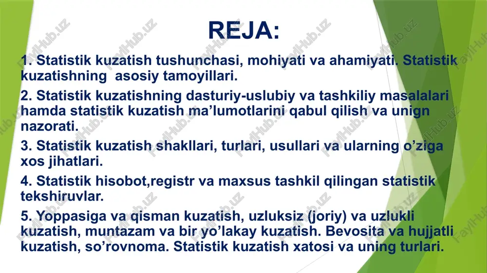 bo‘lsa, statistik kuzatish birligi bo‘lib esa, ko‘zda tutilgan maqsadga qarab, alohida oila yoki shaxs bo‘lishi mumkin. statistik kuzatish ma’lumot etkazib beruvchi sub’ektlar kategoriyalariga qarab quyidagi shakllarga bo’linadi: ma’muriy ma’lumotlarni to’plash. ma’muriy idoralar(soliq, bojxona, nikohdan o’tkazish va x.k.) statistika organlariga o’z faoliyatlari haqida ma’lumotlarni pulsiz va so’ralgan vaqtda etkazib berishga majburdirlar. boshlang’ich statistik ma’lumotlarni to’plash. ro’yxatdan o’tgan barcha tashkilot, korxona, tadbirkorlar topshiradigan statistik hisobotlar orqali to’planadi. statistik organlar to’plagan ma’lumot. statistika organlari uy xo’jaligini o’rganish uchun maxsus tanlab kuzatishlar o’tkazishadi, aholi ro’yxati va boshqa maxsus kuzatishlar yordamida to’plangan ma’lumot. statistik kuzatish tashkil etilishiga qarab: statistik hisobot va maxsus uyushtirilgan statistik kuzatishlarga bo’linadi. hisobot (buxgalteriya va statistik hisobotlarga bo’linadi) statistik kuzatishning asosiy shakli bo’lib, u barcha korxona va tashkilotlar faoliyati haqidagi boshlang’ich ma’lumotlarni to’plash uchun imkoniyat yaratadi. maxsus tashkil qilingan statistik kuzatishlarni voqea va hodisalarning sodir bo’lishini qayd qilish vaqtiga qarab uch turga – uzluksiz, fursatli va bir yo’la kuzatishga ajratish mumkin. …