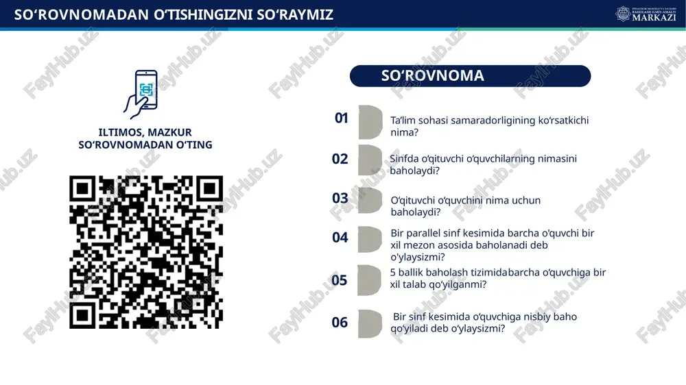 h tub sonlarni ajrata oladi va kerakli operatorni ishlata oladi 2 ball tub sonlarni topuvchi dastur yangi baholash tizimi rubrikator tub sonlarni topish ketma-ketligini biladi mezonlar deskriptor 2 ball tub sonlar ketma ketligini olishda ma’lum qonuniyatni tuza oladi dastur to’g’ri ishlashi uchun kerakli operatorni aniq algoritm asosida qo’llay oladi tub sonlar qonuniyatini biladi 1 ball kerakli o’zgaruvchilarga mos toifa bera oladi 1 ball tub sonlarni topish dasturi faqat xususiy xol uchun ishlasa 2 ball 5 ball tub sonlarni topish dasturi uchun takrorlash operatoridan foydalanadi 1 ball yangi baholash tizimi * fb – formativ baholash sb - summativ baholash 100 ball fb 10 sb 90 formativ baholash (fb) bo‘lim bo‘yicha summativ baholash (bsb) chorak bo‘yicha summativ baholash (chsb) baholash turi baho baholash maqsadi baholash natijasi yangi baholash tizimi darslarda o‘quvchilarning o‘zlashtirish darajasining o‘sishi kuzatib boriladi va ta’lim olishdagi ehtiyojlari o‘rganiladi o‘quvchiga bajarilgan ish sifati haqida fikr bildiriladi. (feedback) baholandi (1-10) nar …