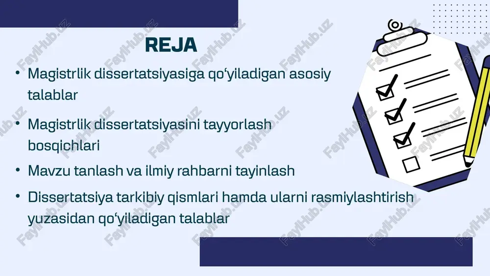 i matn, jadval yoki tasvirlar (chizma, rasm) shaklida mujassamlantira olishi; magistrlik dissertatsiyasini tayyorlash bosqichlari --- --- o‘zbekiston respublikasi oliy ta’lim muassasalarida magistrlar tayѐrlashni tashkil etish bosqichlari va bajarish muddatlari “magistratura to‘g‘risidagi nizom”da aniq belgilab qo‘yilgan. mazkur nizomning 1-ilovasida keltirilgan magistrlar tayyorlashni tashkil etish sxemasining v-vi va viii bosqichlarida magistrlik dissertatsiyasiga qo‘yiladigan talablar va uni tayyorlash quyidagilardan iborat: - magistrlik dissertatsiyasi mavzusini tanlash va ilmiy rahbarni tayinlash (birinchi o‘quv yilining birinchi ikki oyi davomida); - magistrlik dissertatsiyasini tayyorlash (magistratura ta labasining kalendar ish rejasi bo‘yicha); - magistrlik dissertatsiyasining dastlabki va rasmiy himoyasi (jadval asosida) mantiqiy ketma-ketlikda amalga oshirilishi qat’iy belgilangan. mavzu tanlash va ilmiy rahbarni tayinlash magistrlik dissertatsiyasi o‘qish va o‘quv dasturlarini o‘zlashtirish jarayonida magistratura talabasi egallagan nazariy-amaliy bilimlari asosida bajarilgan ilmiy-tadqiqot ishlarining natijasi hisoblanadi. magistrlik dissertatsiyalarining mavzulari dolzarb ilmiy-tadqiqot masalalariga yoki aniq amaliy vazifalarni hal etishga bag‘ishlanishidan kelib chiqib, institutning tegishli mutaxassislik kafedrasi pedagog xodimlari tomonidan o‘zbekiston respublikasi fanlar akademiyasi …