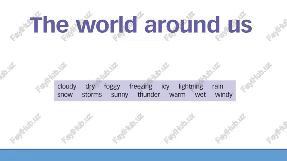 moq, ▫️to melt - erimoq ▫️shower - jala ▫️sleet - yomg’ir aralash qor ▫️snowdrift - qor uyumi ▫️snowflake - qor uchquni ▫️snowman - qorbobo ▫️sunrice - quyosh chiqishi ▫️sunset - quyoshning botishi exercise 1 exercise 2 exercise 3 exercise 4 exercise 5 read the text and answer the questions exercise 6 exercise 7 complete the table with some of weather words image3.emf image4.emf image5.emf image6.emf image7.emf image8.emf image9.emf image10.emf image11.emf image12.emf image13.emf image14.emf image15.emf image16.emf image17.emf image18.emf image19.emf image20.emf image21.emf image22.emf image23.emf image24.emf image25.emf image26.emf /docprops/thumbnail.jpeg