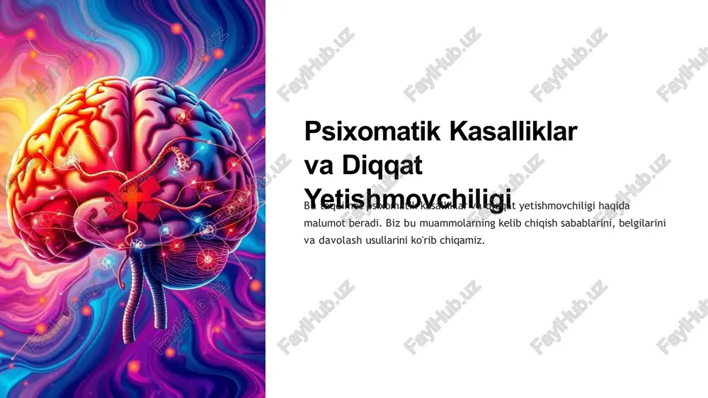 ndromining sabablari genetik omillar tadqiqotlar diqqat yetishmovchiligi va giperaktivlikda irsiy omillarning muhim roli borligini ko'rsatadi. atrof-muhit omillari tug'ma patologiyalar, travmalar, hatto ovqatlanish va ekologik omillar ham sababchi bo'lishi mumkin. psixologik omillar bolaning rivojlanishidagi muammolar, uning tarbiyasi va oilaviy muhit ham o'z ta'sirini ko'rsatadi. diqqat yetishmovchiligi va giperaktivlik sindromining belgilari diqqatni to'plash qiyinchiligi uzoq muddat biron-bir faoliyatga e'tibor qilish qiyin. ko'p harakatlanish tinchs izlanish, vazifalarni yakunlashda qiyinchilik. impulsivlik beixtiyor, oqilona o'ylamagan harakatlar qilish. tartibsizlik yodda saqlash, rejalashtirish va tashkillashtirishda qiyinchiliklar. psixomatik kasalliklar va diqqat yetishmovchiligi bilan kurashish usullari tashxis va baholash tibbiy va psixologik baholash uchun mutaxassisga murojaat qiling. tibbiy davolash dori-darmon, fizioterapiya, psixoterapiya kabi yondashuvlar. hayot tarzi o'zgarishlari dam olish, jismoniy faollik, sog'lom ovqatlanish va boshqalar. ruhiy sog'liqni saqlash stress boshqaruvi, vaziyat bilan yuzma-yuz kelish, ijtimoiy-ruhiy qo'llab-quvvatlash. psixologik yordam va reabilitatsiya 1 psixoterapiya muammolarni hal qilishda yordam beradi. 2 kognitiv-ruhiy reabilitatsiya ko'nikmalarni qayta tiklab, moslashuvni yaxshilaydi. 3 oilaviy va ijtimoiy …