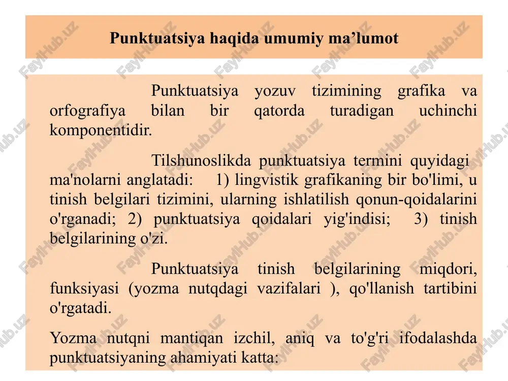 tamoyil bu tamoyil tinish belgilarining qo'llanishini nutq stillariga qarab belgilaydi: so'zlashuv uslubi, ilmiy uslub, publitsistik uslub, badiiy uslub, rasmiy uslub qoliplarida yozilgan nutqning o'ziga xos jihatlari borki, ularda tinish belgilari shu uslublarga mos ravishda qo'llaniladi. differensiatsiya tamoyili bu tamoyil asosida tuzilgan qoidalar tinish belgilarining qo'sh holda qo'llanishidagi tartibni, gapdagi murakkab mazmunni konkretlashtirish kerak bo'lganda tinish belgilaridan foydalanish yo'llarini belgilab beradi. uyga vazifa mavzuni o`qib kelish. “ona tilidan jadvalli mashqlar to’plami”dagi tegishli mashqlarni bajarish. ltqdagi mavzuga tegishli qoliplarni to’ldirish. /docprops/thumbnail.jpeg