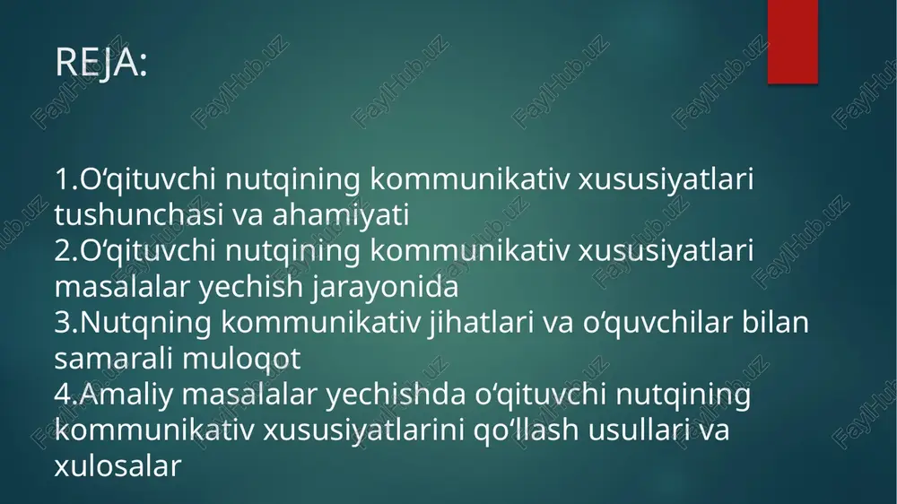 tushuntirish, mavzuni o‘quvchilar darajasida ifodalash lozim. bu o‘quvchilarning masalani to‘g‘ri tushunishi uchun muhim. tinglovchiga moslashuvchanlik: o‘qituvchi o‘quvchilarning bilim darajasiga va qobiliyatiga qarab nutqini moslashtirishi kerak. masalan, murakkab tushunchalarni sodda va bosqichma-bosqich tushuntirish, misollar bilan mustahkamlash. qiziqarli va rag‘batlantiruvchi uslub: o‘qituvchi nutqida qiziqarli savollar, hayajonli misollar qo‘llash, o‘quvchilarni faol ishtirok etishga undash nutqning kommunikativ samaradorligini oshiradi. dialog va savol-javob: masalalar yechishda o‘qituvchi o‘quvchilar bilan muloqotda bo‘lib, ularning fikrlarini tinglash, savollar berish va javob olishni tashkil etishi kerak. bu jarayonda nutqning interaktivligi oshadi. moslashuvchanlik va ehtiyotkorlik: agar o‘quvchilar biror tushunchani noto‘g‘ri tushunsa yoki qiyinchiliklarga duch kelsa, o‘qituvchi nutqini o‘zgartirib, yangi izohlar, boshqa misollar bilan tushuntirishni davom ettirishi zarur. 3. nutqning kommunikativ jihatlari va o‘quvchilar bilan samarali muloqot o‘qituvchi nutqining kommunikativ jihatlari samarali ta’lim jarayonini tashkil etishda muhim omil hisoblanadi. nutqning samaradorligi nafaqat tushuntirishda, balki o‘quvchilar bilan muloqotda ham namoyon bo‘ladi. samarali muloqot o‘quvchilarning faolligini oshiradi, ular o‘rganayotgan mavzu bilan qiziqish uyg‘otadi va …