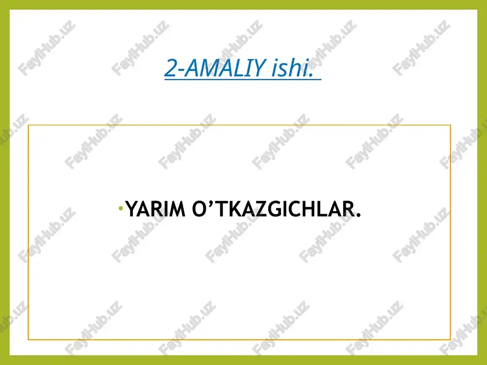 unki ular olmosnikiga o‘xshash kristall strukturali bo‘ladi. bu qirralarining uchlari va markazlarida uglerod atomlari joylashgan kubdir. bundan tashqari, sakkizta kichkina kubning (oktantlarning) to‘rttasi markazida ham uglerod atomlari bo‘ladi (katta kub sakkizta kichik kubga bo‘linadi). olmos tipidagi strukturada ko‘rib chiqilayotgan atomlarning har biri (germaniy yoki kremniy) shu atomlardan bir xil masofada joylashgan to‘rtta xuddi shunday atom bilan o‘ralgan va atomlarning har biri qo‘shni atom bilan kovalent bog‘lanish xosil qiladi. xossalari germaniy kremniy selen atom og‘irligi 72,6 28,06 - atom xajmi 13,5 11,7 - doimiy panjara n.m. 0,566 0,542 - zichligi 200c da mg/33 5,3 2,3 4,8 chiziqli kengayishda o‘rtacha temperatura koeffitsienti (0 1000c) 6,0.10-6 6,0.10-6 50.10-6 issiqli uzatish koeffsienti vt/(mk) 55 80 4 o‘rtacha solishtirma issiqlik sig‘imi (0 1000c) j/(kg.k) 333 710 330 erish temperaturasi 0c 936 1414 217-220 solishtirma erish issiqligi j/kg 4,1.105 1,6.106 64,2.103 ustki tortilish koeffitsienti (erish temperaturasida) n/m 0,6 0,72 0,11 xususiy solishtirma qarshiligi 200c da om.m …