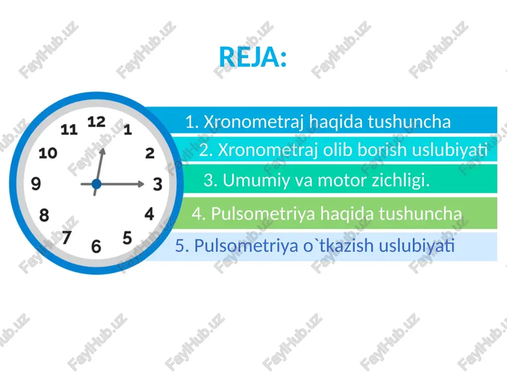 ifa 00:05 05:1,5 1,5:4 4:6 44:45 (93,3) % - 1 2.5 0.5 - - 20 daq (44.4 %) 1 2 1 2 toshkent shahridagi №43 maktabning (5 b) sinfida o’kituvchi anvarov b. tomonidan o’tkazilgan darsda xronometraj ma’lumotlarini hisobga olish p r o t o k o l i 13. dekabr 2020. sana kuzatiluvchi: baratov s. 4 kuzatish davomida dars bir o’quvchi ustidan olib boriladi va uning familiyasini protokolga yozish tavsiya etiladi. ikkinchi grafaga pedagog faoliyatining mazmuni aniq va mashg’ulotning ketma-ketligi yoziladi. masalan: o’quvchilarni saflash. raport. o’qituvchi tomonidan dars vazifalarini tushuntirish. yurish. mashqlarni tushuntirish. umumrivojlantiruvchi mashqlarni oddiy tarzda yoki qiskacha –egilish, sakrash va b.q. deb yoziladi. uchinchi grafaga sekundomer buyicha har qaysi ish faoliyatining tugash vaqti yoziladi. masalan, o’quvchilarning saflanishi va raportiga 2 daqiqa 10 soniya vaqt ketsa, shu ish faoliyatining to’g’risiga yoziladi. o’qituvchi tomonidan mashqlarni tushuntirishga, ko’rsatishga, ko’rgazmali qurollarni tayyorlashga, mashgulot joyini tayyorlashga, o’quvchilarning mashqni bajarishga ketgan vaqtlar aniq qilib …