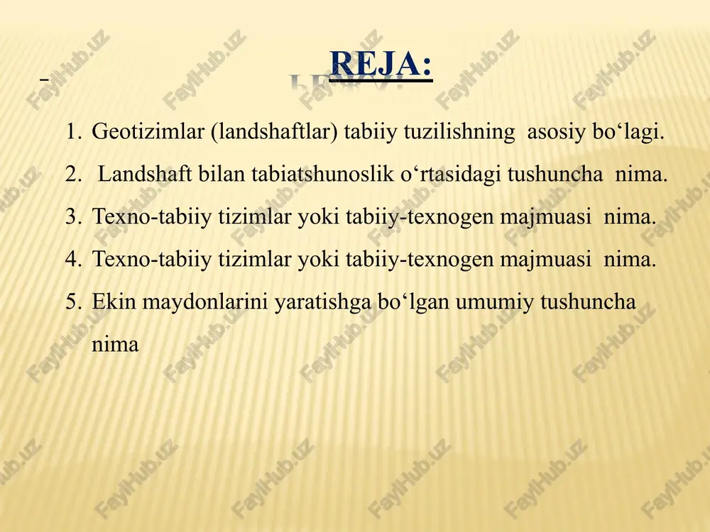 r); -suv yoki gidrogen landshaftlar (kanallar hovuzlar suv omborlari); -shahar yoki seliteb landshaftlar (shaharlar qishloqlar); -sanoat landshaftlar (zavodlar, shaxtalar, chiqindilar uyumi, aerodromlar, yo‘llar va h.k.) fatsiya – bir xil tog‘ jinslariga, relefga, tuproqqa, namlikka, mikroiqlimga, o‘simlik va hayvonot dunyosiga ega bo‘lgan eng kichik tabiiy hududiy kompleksdir. masalan, qayir fatsiyasi, o‘zan fatsiyasi, toshli qayir, gilli qayir qumli qayir fatsiyalari. fatsiya maydon –fatsiyalar tizimidan iborat tabiiy hududiy kompleksdir. demak, maydon hudud jihatdan katta bo‘lib bir nechta fatsiyalarni birlashtiradi. masalan, botiqdagi sho‘r va sho‘rxoklar; oq saksavulli tekis qumlar; do‘ngli qumlar va h.k. joy–maydonlar majmuasidan iborat bo‘lgan tabiiy hududiy kompleksdir. masalan, yoyilmalarning yuqori, o‘rta va quyi qismlari, tog‘larning suv ayirgichi, yonbag‘irlari va h.k. ma’lum bir hududdagi joylar yig‘indisi landshaftni tashkil qiladi. masalan, cho‘l landshafti – qumli, gilli, toshli, taqirli joylardan iborat. demak, landshaft–joylar majmuasidan, joylar–maydonlar majmuasidan, maydonlar esa fatsiyalar majmuasidan iborat. yoki landshaftlar– joylarga, joylar – maydonlarga, maydonlar – fatsiyalarga bo‘linar ekan. landshaftning butun …