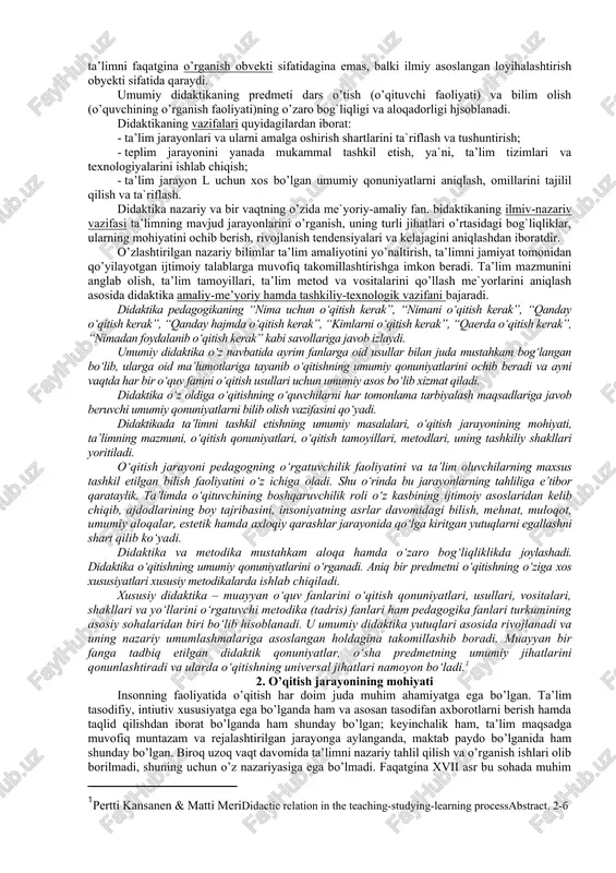 ’qituvchi — o’quvchi, o’quvchi — o’quv materiali, o’quvchi — boshqa o’quvchilar o’rtasidagi munosabatlar yuzaga keladi. pedagogik adabiyotlarda ulardan qaysi biri didaktika uchun asosiy hisoblanishi kerakligi borasida ham turli fikrlar keltiriladi hamda o’quvchining o’quv materialiga bo’lgan munosabati, ya`ni, bilimlarni o’rganish munosabatini asosiy deb e’tirof etuvchi qarashlar soni nisbatan ko’p. darhaqiqat, o’qish, o’rganish ta’lim jarayonining ajralmas xususiyatidir. ta’limga psixologiya nuqtayi nazaridan yondashilsa, ushbu munosabatning ustuvorligiga shubha qolmaydi. biroq, ta’limga pedagogik, ya’ni, ijtimoiy tajribani berish, o’igatish nuqtayi nazaridan qaralsa faoliyat uchun asosiy sanaluvchi munosabat — ikki shaxs (o’quvchi va o’qituvchi) o’rtasidagi munosabatlar yetakchi o’rin egallashi lozim ekanligi anglanadi. didaktika predmetining mohiyatini ochishga xizmat qiluvchi yana bir qarash ta’lim-tarbiya jarayonini yaxlit o’rganish zarurligini ilgari suradi. ta’limning tarbiyaviy vazifalari o’quvchining bilimni o’zlashtirishlarini ta`minlabgina qolmay, shaxs xususiyati, uning rivojlanishi, ma`lum ma`naviy-axloqiy sifatlarni o’zlashtirishi, fe’l-atvori, xulqini tarbiyalash uchun zarur shart-sharoitni yaratishdan iborat. didaktikaga ta’limning mazmunli va jarayonli jihatlarini birgalikda o’rganish xosdir. amaliyotni qayta tashkil etish va takomillashtirish …