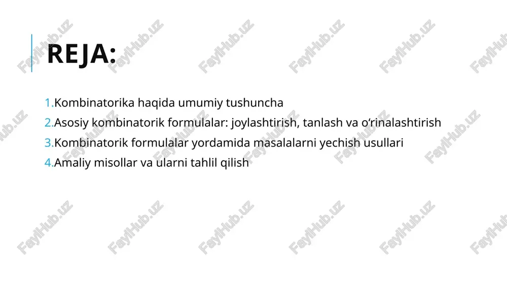 rni yechishda avvalo masalaning turini aniqlash muhim: unda tartib muhimmi yoki yo‘qmi, elementlar takrorlanadimi yoki yo‘qmi. shu savollarga javob topilgach, mos formulani tanlash mumkin bo‘ladi. masalan: 1-misol (permutatsiya): 5 ta kitobdan necha xil tartibda javonga joylashtirish mumkin? yechimi: p(5)=5!=120p(5) = 5! = 120p(5)=5!=120 2-misol (joylashtirish): 10 ta talabadan 3 ta faxriy diplom olish uchun tanlanadi, har bir diplom turlicha (birinchi, ikkinchi, uchinchi o‘rin). nechta usulda tanlash mumkin? a(10,3)=10!(10−3)!=720a(10, 3) = \frac{10!}{(10-3)!} = 720a(10,3)=(10−3)!10!​=720 3-misol (kombinatsiya): 7 kishidan 3 kishilik guruh tuzish kerak, guruhda tartib muhim emas. c(7,3)=7!3!4!=35c(7, 3) = \frac{7!}{3!4!} = 35c(7,3)=3!4!7!​=35 bu kabi masalalarni yechishda muhim jihat — to‘g‘ri formulani tanlashdir. ba'zida masalani diagramma yoki sxema yordamida tahlil qilish ham foydali bo‘ladi. 4. amaliy misollar va ularni tahlil qilish keling, kombinatorik formulalarni real hayotdagi vaziyatlarda qanday qo‘llash mumkinligini misollar orqali ko‘rib chiqamiz. misol 1 (tanlov): bir sport musobaqasida 8 ta ishtirokchi qatnashmoqda. shulardan 3 tasi sovrinli o‘rinlarga loyiq topiladi …