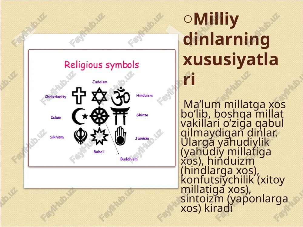 ing «qadimgi xalqlardan qolgan yodgorliklar» kitobida yozishicha, yahudiylar bu so’zni somiy tillaridagi hoda – «tavba qilmoq, tavba qilganlar» so’zidan kelib chiqqan deb da’vo qilsalar-da, aslida bu fikr noto’g`ri, «yahudiy» so’zi banu isroil xalqi ustidan hukmronlik qilgan ya’qub payg`ambarning o’g`li yahudo nomiga nisbat berilgan. yahudiy xalqining yana bir nomi banu isroil bo’lib, isroil – ya’qub payg`ambarning ikkinchi ismi, banu – «bolalar» ma’nosini beradi, ya’ni – «isroil avlodlari». yahudiylik ta’limoti 1. olamlarni yaratuvchi yagona xudo – yahvega imon keltirish. yahve so’zi «rabb, parvardigor» ma’nosini bildiradi. tavrotning «chiqish» kitobida xudoning musoga aytgan ushbu so’zi keltiriladi: «yahve – ota-bobolaringiz ibrohim, ishoq, ya’qublarning parvardigori, u meni sizga yubordi» (chiqish: 3). mil. av. vi asr oxirlarida yahudiy ruhoniylari oddiy xalq hurmatini pasaytirib qo’ymasliklari uchun yahve so’zini ishlatishni man etib, uning o’rniga murojaat uchun «adonay» («rabb, xoja») so’zini qo’llashni buyurganlar. shundan so’ng faqat ruhoniylargagina ibodat vaqtida yahve nomini tilga olishlariga ijozat berilgan. yahudiylik ta’limotiga ko’ra, yahve olamlarni …