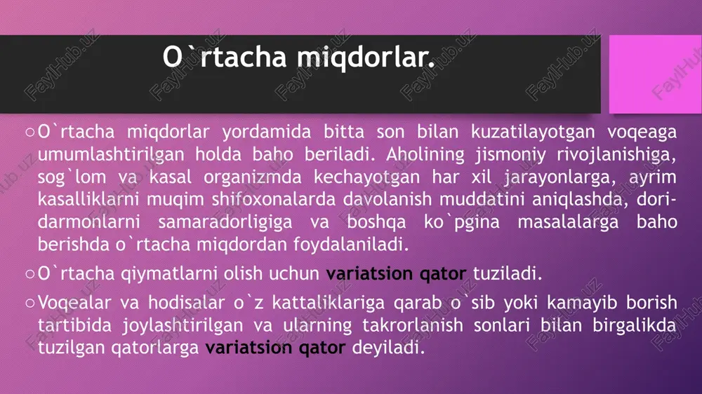n yotgan bemorlarning o`rtacha davolanish kunini topish talab etilgan bo`lsin v (davolanish kunlari) 14 15 16 17 18 19 19 20 21 22 23 24 228 p (bemorlar soni) 1 1 1 1 1 1 1 1 1 1 1 1 12 d -5 -4 -3 -2 -1 0 0 1 2 3 4 5 0 d² 25 16 9 4 1 0 0 1 4 9 16 25 110 εv 228 m – o`rtacha miqdor formulasi: m = ---- ------= 19 n – kuzatuvlar soni yoki n 12 plar yig`indisi εd² 110 α = √------ √------- = ±3,02 α – alfa yoki kvadratik og`ish n 12 d – v-m=d α 3,02 m = -------- -------= 0,91 m - xatolik √n - 1 3,31 2.vazn usuli. bu usul har bir varianta bir necha bor takrorlanib kelganda, kuzatuvlar soni bir necha marta (30 dan) ko`p bo`lganda qo`llaniladi. εvp 392 εd²p 85 …