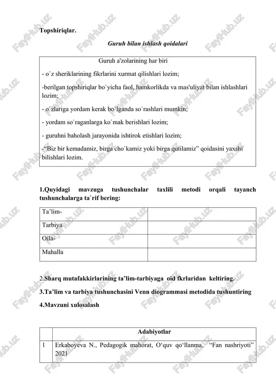 akkirlarining ta’lim-tarbiyaga oid fkrlaridan keltiring. 3.ta’lim va tarbiya tushunchasini venn diogrammasi metodida tushuntiring 4.mavzuni xulosalash adabiyotlar 1 erkaboyeva n., pedagogik mahorat, o‘quv qo‘llanma, “fan nashriyoti” 2021 2 esonova m.a. maktabgacha pedagogika. t.: ilm va fan, 2023. 3 nazirova g.m., bolalarni maktabga tayyorlash metodikasi, darslik, “bookmany print”, toshkent-2024 4 nazirova g.m., maktabgacha ta’lim-tarbiyani tashkil etish, o‘quv qo‘llanma, “bookmany print”, toshkent-2024. 5 qodirova f.r., toshpo’latova sh.q., kayumova n.m., a’zamova m.n. maktabgacha pedagogika, darslik, “tafakkur” toshkent-2019 6 tolipov o’, ro’ziyeva d., pedagogik texnologiyalar va pedagogik mahorat, o‘quv qo‘llanma, innovatsiya-ziyo n., t-2021 1.