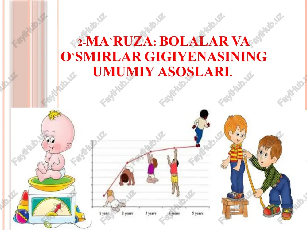 lgilarini tekshirish va baholay olishni bilishi va olingan natijalar asosida ularga yaratilgan tarbiyalash va o’qitish sharoitlari to’g’ti tshkil etishi zarur. bolalar va o’smirlarning jismoniy rivojlanish ko’rsatkichlari ularning integral ko’rsatkichlari qatorida baholanadi va u bolalarni oilada, maktabgacha bo’lgan bolalar muassasalarida va maktablarda yaratilgan tarbiya va o’qitish sharoitlari va bolalarning salomatlik holatini ta’riflab beradi (kasalliklarning bor-yo’qligi). yosh davrlari odam yoshini davrlarga ajratilish asosiy sababining poydevorida barcha organ va sistemalarning anatomo-fiziologik hususiyatlari va ijtimoiy kriteriyalari ya'ni bolaning yasli, bog`cha va maktabdagi tarbiyalanish sharoiti yotadi. masalan, yaslida tarbiyalansa, yasli yoshi, bog`chada bog`cha yoshi, maktabda ta'lim olsa, maktab yosh davrlari deb ataldi. fanda rus gigiyenisti n.p.gundobin tuzib bergan yoshlik davrlari sxemasi qo`llaniladi. u odamning yoshlik yillarini quyidagi davrlarga birlashtirgan. har bir davr o`z ichiga bir necha yillarni qamrab oladi va har bir davrda o`ziga xos jarayonlar sodir bo`ladi. 1.ona qornidagi rivojlanish davrida homilaning oziqlanishi, nafas olishi tana harorati va boshqalar bevosita ona organizmiga bog`liq bo`ladi. …