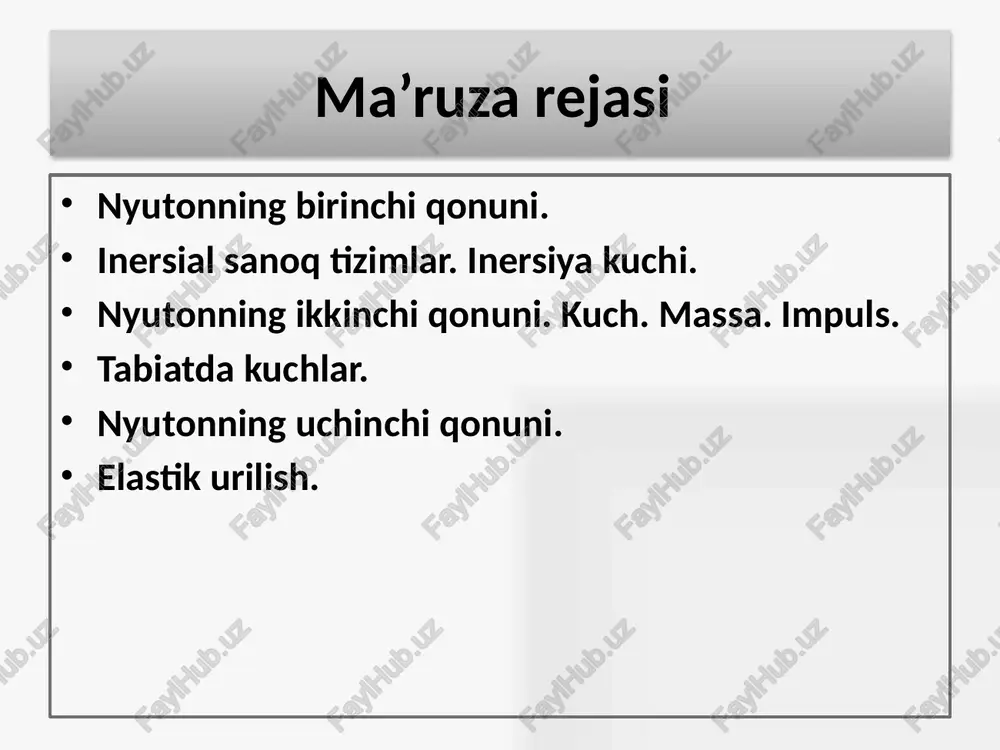7 inersiya kuchi – koriolis kuchidir koriolis kuchi faqat aylanuvchan sanoq tizimida harakatlanuvchi jismlarga ta’sir etadi va jismning harakat tezligi yo‘nalishiga ko‘ndalang yo‘nalgan bo‘ladi. inersiya kuchi sanoq tizimining tezlanuvchan harakati tufayli namoyon bo‘ladi. noinersial sanoq tizimida bo‘lgan istalgan jismga ta’sir qiluvchi inersiya kuchi – tashqi kuchdir. inersial sanoq tizimlarida inersiya kuchlari mavjud emas. 8 9 aylanuvchi sanoq tizimiga nisbatan jismga ta’sir etuvchi kuch. markazdan qochma kuch koriolis kuchi aylanayotgan sanoq tizimiga nisbatan tezlik aylanmayotgan sanoq tizimiga nisbatan tezlik aylanayotgan sanoq tizimining burchak tezligi 10 inersiya kuchining xususiyatlari - inersial sanoq tizimlarida inersiya kuchlari mavjud emas; - bir tezlanuvchan tizimdan ikkinchisiga o‘tishga nisbatan inersiya kuchlari invariant emas; - inersiya kuchlari nyutonning uchinchi qonuniga bo‘ysunmaydi; - noinersial sanoq tizimida bo‘lgan istalgan jismga ta’sir qiluvchi inersiya kuchi – tashqi kuchdir; - inersiya kuchi moddiy nuqta massasiga proporsionaldir; - inersiya kuchlari ostidagi moddiy nuqtalarning harakati tashqi kuch maydonlaridagi harakatlariga o‘xshashdir. 11 nyuton ikkinchi qonunining …