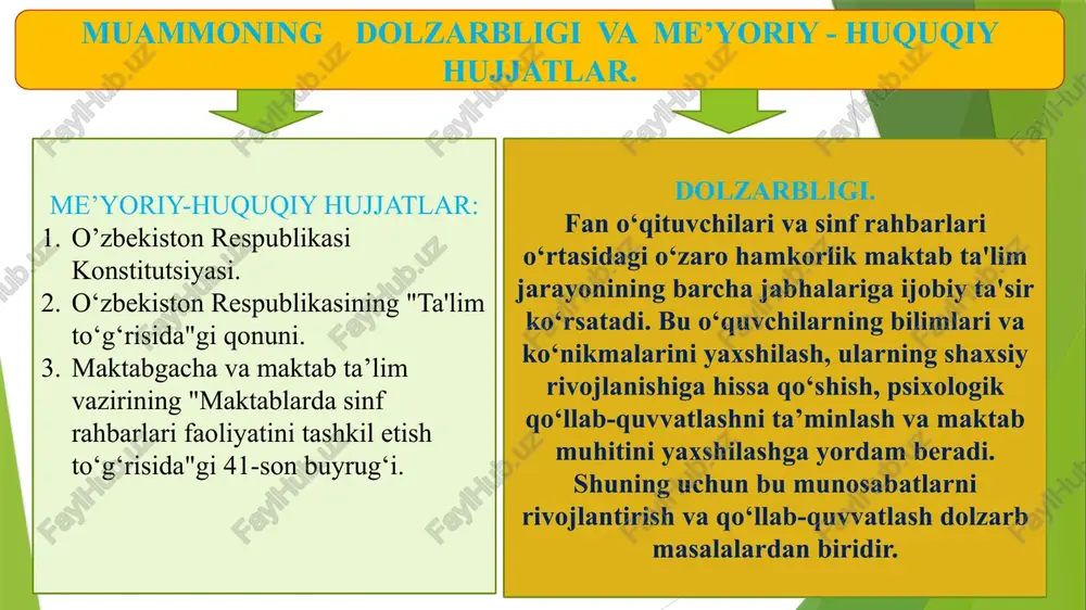 iya maktablarida o‘qituvchilarning hamkorligiga innovatsion yondashuvlar”. (rossiya ta’lim va psixologiya jurnali) 2.dr. alma harrisning “taqsimlangan yetakchilik va maktabni takomillashtirish’’ nomli maqolasi.(ta’limda boshqaruv jurnali) 3. https://www.amle.org/building-teacher-collaboration-school-wide 4. https://www.edutopia.org/article/5-effective-ways-support-teacher-collaboration mahalliy adabiyotlar. xorijiy adabiyotlar. mavzuning maqsadi fan o‘qituvchisi va sinf rahbari o‘rtasida mustahkam hamkorlikni yo‘lga qo‘yish ijobiy ta’lim muhitini yaratish samarali muloqot muhitini yaratish muammoga yechim topishda bajariladigan vazifalar ketma-ketligi fan o‘qituvchilari va sinf rahbarining ochiq muloqot va aloqa o‘rnatishi; fan o‘qituvchilari va sinf rahbarining hamkorlikdagi rejasi; o‘zaro muhokamada aniqlangan kamchiliklarga yechim topishda ota-onalar bilan ishlash; har bir fan o‘qituvchilarining iqtidor akademiyasi klubini tashkil etish va sinfdagi har bir o‘quvchini yo‘nalishi hamda qiziqishiga qarab jalb qilish. finlandiya singapur janubiy koreya o‘qituvchilar muntazam ravishda sinf rahbarlari bilan yig‘ilishlar o'tkazadi. har bir o‘quvchi uchun individual ta'lim rejasi ishlab chiqiladi va bu rejani amalga oshirishda o‘qituvchilar va sinf rahbarlari birgalikda ishlaydi. o‘qituvchilar va sinf rahbarlari o‘rtasida hamkorlik yuqori darajada. hamkorlikni kuchaytirish uchun o‘qituvchilar va sinf rahbarlariga …
