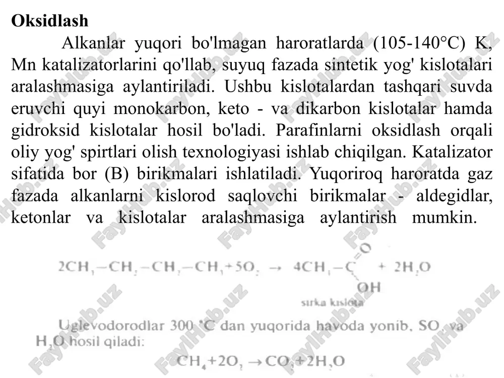 iqlik xom ashyoning bir qismini yoqish orqali amalga oshiriladi. ikkala jarayon ham metan - tabiiy gazdan atsetilen olishda foydalaniladi. alkanlarning krekingida:. alkanlar vodorod va uglerodga parchalanishida quyidagi haroratlarda termodinamik beqarordirlar (kelvinda): metan 900 k; etan 500 k; propan 400 k; butan 350 k; pentan 320 k, geksan va undan yuqori alkanlar uchun esa 300 k harorat (t= t+273). alkanlarning termik parchalanishi radikal zanjir mexanizmi bo'yicha ketadi. odatda neftni qayta ishlashda parafinlarni katalitik degidrirlash hamda neftdan to'g'ridan-to'g'ri haydab olingan distillatlar bug' fazada kreking jarayoni orqali alkenlarga aylantiriladi. bundan tashqari benzinlarning oktan sonini oshirish uchun butan, pentan va geksanlar izomerizatsiya qilinadi. nitrolash. metan nitrat kislota yoki no2 ta'sirida taxminan 500°c da nitrolanadi: ch4+hno3=ch3no2+h2o nitrometan nitrometan erituvchi sifatida hamda portlovchi modda sintezida ishlatiladi. konovalov usuli bo'yicha alkanlar nitrolansa (140°c, hno3) uchlamchi c-h bog'idagi vodorod ikkilamchiga nisbatan osonroq almashadi. ikkilamchisi esa birlamchiga nisbatan osonroq almashadi. galogenlash alkanlarni galogenlash jarayoni radikal zanjir reaksiyasiga mansubdir. galogenlashning …