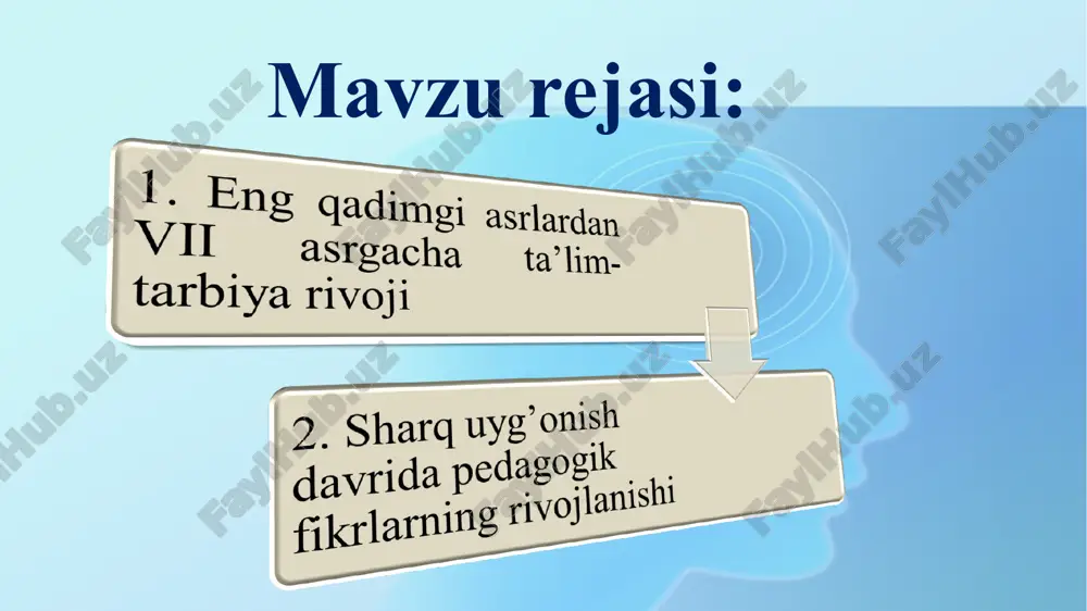 ikka, tinch-totuv yashashga, ezgulikka undaydi. shuning uchun ham u katta axloqiy ahamiyatga ega. «qur’on»ning axloqiy qimmati haqida fikr yuritilar ekan, uning insonning ma’naviy kamolga yetishida qay darajada muhim o‘ringa ega ekanligiga amin bo’lamiz. islom olamida qur’ondan keyingi o‘rinda turuvchi hadislar ishonchli axloqiy manba hisoblanadi. haqiqiyligi puxta o‘rganib chiqilgan ishonchli hadislar sahih deyiladi. sahih so‘zining ma’nosi sog'lom, to‘g‘ri, xatosiz degani. hadisni rivoyat qiluvchi kishi isnod, hadislarni to‘plagan muallif esa muhaddis deb yuritiladi. sharq uyg’onish davrida pedagogik fikrlarning rivojlanishi asarlari: «al jabr val-muqobala», «hind arifmetikasi haqida kitob», «yer satxini o‘lchash», «quyosh soatlari to‘g‘risida», «yaxudiylar tarixi va ularning bayramlarini belgilash» va boshqalar. pedagogik qarashlari: asarlari: «baxt-saodatga erishuv to‘g‘risida», «fozil odamlar shahri», «aql ma’nolari haqida», «shaharni o‘rganish haqida» va boshqalar. pedagogik qarashlari: forobiy birinchi bo‘lib ta’lim va tarbiyaga ta’rif bergan olimdir: ta’lim - so‘z va o‘rganish bilangina amalga oshiriladi. tarbiya - esa amaliyot, ish-tajriba bilan amalga oshiriladi. ta’lim-tarbiya ikki yo‘l bilan amalga oshiriladi: qanoatbaxsh, …