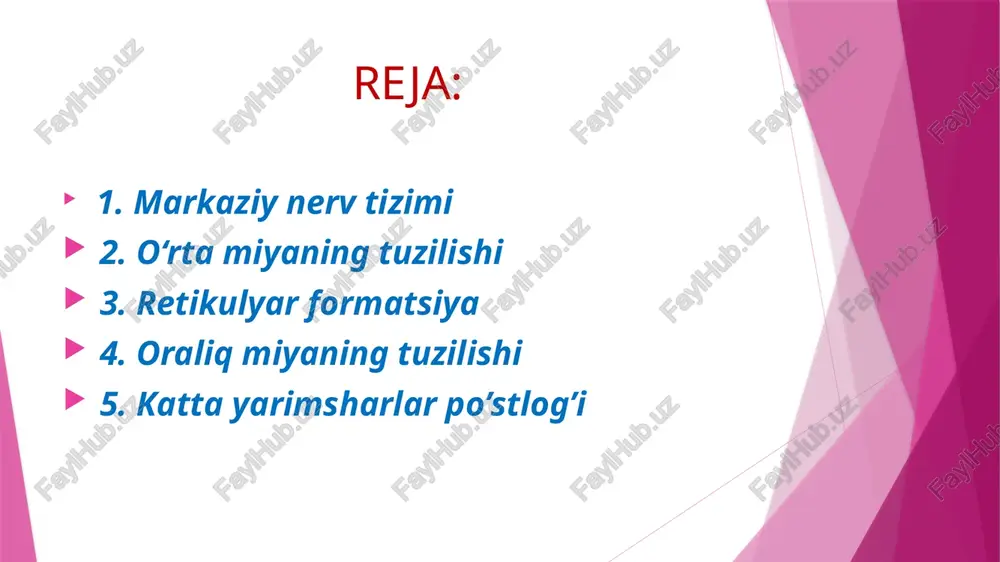 lari orqali barcha aʼzolar va toʻqimalar bilan bogʻlangan. markazii nerv sistemasis.ning eng murakkab va maxsus qismi bosh miya katta yarimsharlaridir. markazii nerv sistemasis.ning asosiy funksiyasi atrof muhit hamda aʼzolar va toʻqimalardagi oʻzgarishlar toʻgʻrisidagi axborotni qabul qilish, qayta ishlash, oʻtkazish va saklash; organizmning barcha sistemalari faoliyatini boshqarish, ular oʻrtasidagi bogʻlanishni amalga oshirish orqali organizmning bir butunligini taʼminlashdan iborat. evolyusiya jarayenida umurtqasiz hayvonlarda 2 xil: tarqoq-tugunli (boʻshliqichlilarda) va ancha murakkab tuzilgan tugunli (halqali chuvalchanglar va boʻgʻimoyoqlilarda) markazii nerv sistemasis. shakllangan. umurtqali hayvonlarning embrional rivojlanishida markazii nerv sistemasis. dastlab yaxlit nerv nayi koʻrinishida boʻlsa, tuban xordalilar (mas, lansetnik)da nerv nayi ularning butun hayoti davomida saqlanib qoladi. yuksak xordalilarda embrional rivojlanish davrida nerv nayining oldingi qismi yoʻgʻonlashib bosh miya boʻlimlarini hosil qiladi. dastlab oldingi, oʻrta va rombsimon boʻlimlar, keyinroq oldingi miyaning bir kismi — oraliq miya tashkil topadi; rombsimon boʻlimdan varoli koʻprigi, miyacha va uzunchoq miya shakllanadi. sudralib yuruvchilar, qushlar va sut emizuvchilarda oldingi …