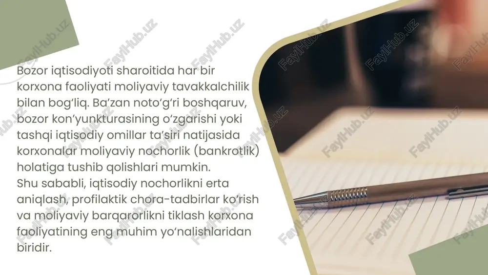 tman z-indeksi, beaver modeli yoki springate formulasi kabi bankrotlik ehtimolini aniqlovchi usullar qo‘llaniladi. erta ogohlantirish tizimi (early warning system) joriy etiladi. bankrotlikni oldini olish chora-tadbirlari xarajatlarni optimallashtirish ishlab chiqarish xarajatlarini tahlil qilib, samarasiz sarflarni qisqartirish. energiya, xomashyo va ishchi kuchi resurslarini tejash. qo‘shimcha xarajatlarni kamaytirish orqali foyda marjasini oshirish. 2 3 moliyaviy qarzlarni boshqarish qarzdorlik darajasini kamaytirish, kreditlarni qayta moliyalashtirish. kreditorlar bilan qayta muzokaralar olib borish, to‘lov muddatlarini uzaytirish. qarzlarni restrukturizatsiya qilish (ya’ni, yangi shartlarda qayta tuzish). 4 mahsulot va xizmatlar sifatini oshirish bozorda raqobatbardosh mahsulot ishlab chiqarish. yangi texnologiyalarni joriy etish va innovatsion yondashuvlarni kuchaytirish. marketing strategiyasini qayta ko‘rib chiqish, mijozlar ehtiyojini o‘rganish. davlat tomonidan qo‘llab-quvvatlash choralaridan foydalanish soliq imtiyozlari va kredit garovlarini yengillashtirish. innovatsion va eksportga yo‘naltirilgan korxonalarga subsidiyalar ajratish. iqtisodiy nochor korxonalarni sog‘lomlashtirish dasturlariga jalb etish. 5 bankrotlik xavfini baholash usullari 🔹 altman z-formulasi (z-score) bu usul korxonaning moliyaviy barqarorligini 5 ta ko‘rsatkich orqali baholaydi: z=1.2x1+1.4x2+3.3x3+0.6x4+1.0x5z = …